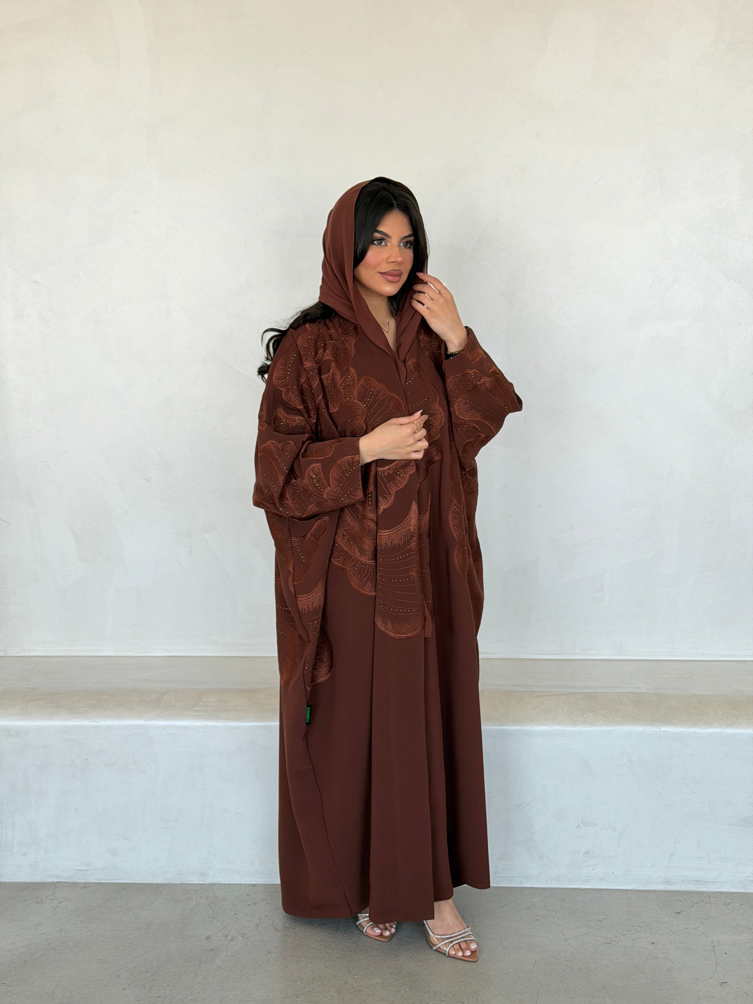FAB295- Orange Crystal Embroidered Half Bisht Cut Crepe Abaya