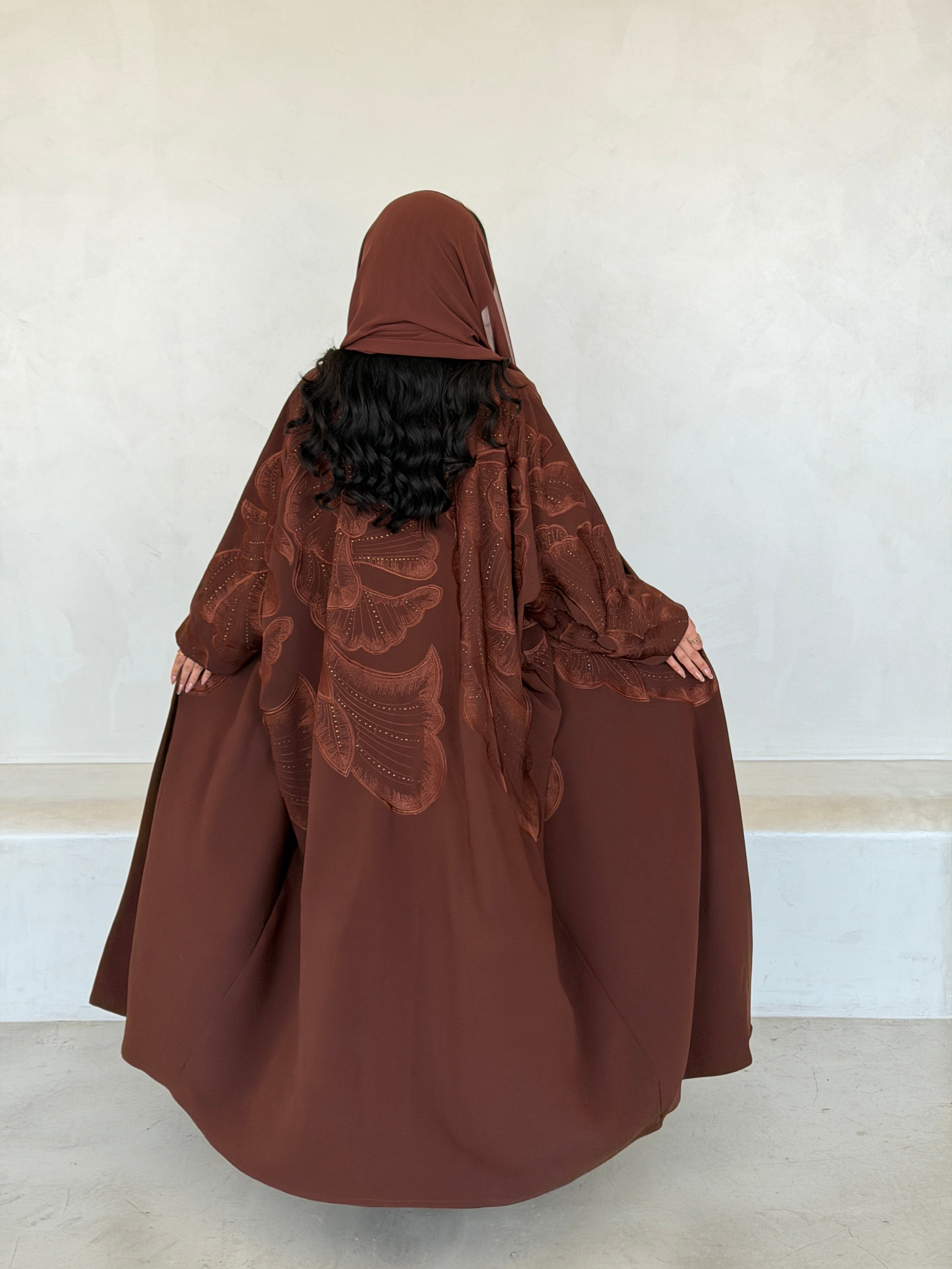 FAB295- Orange Crystal Embroidered Half Bisht Cut Crepe Abaya