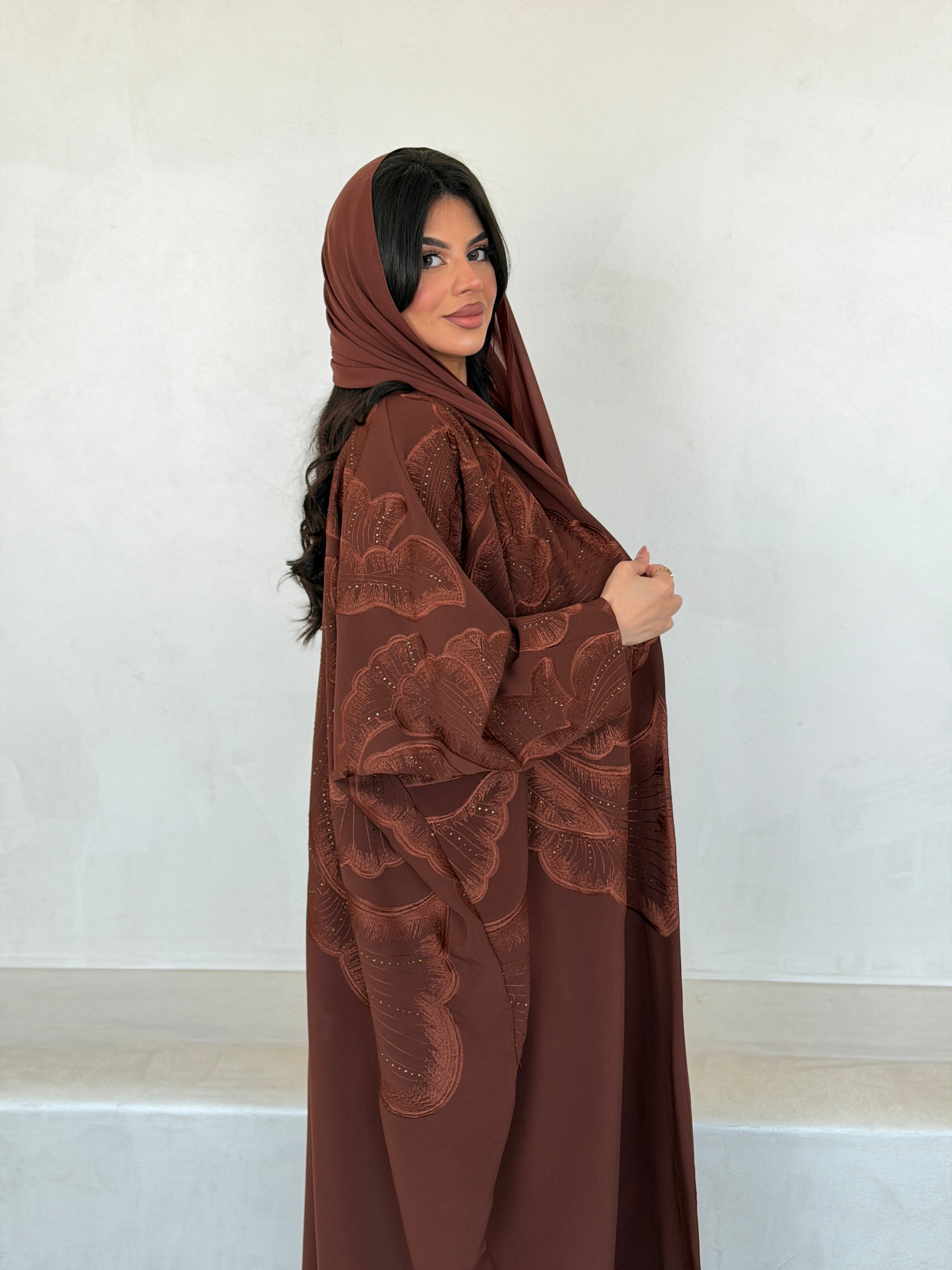 FAB295- Orange Crystal Embroidered Half Bisht Cut Crepe Abaya