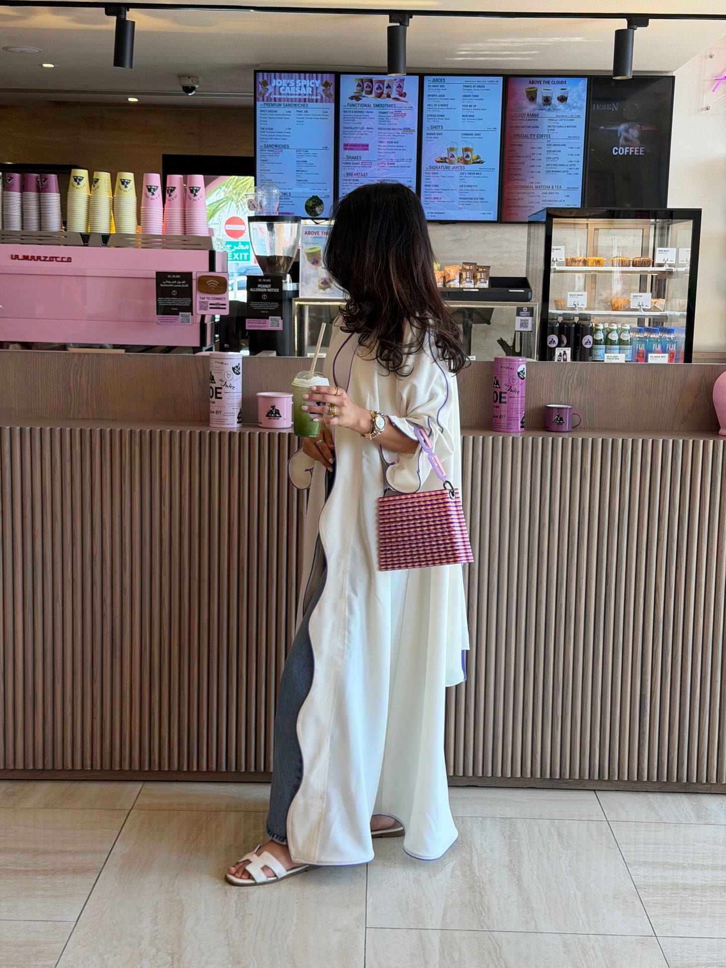 FAB317- White crepe swirl-cut abaya with purple piping abaya and headscarf