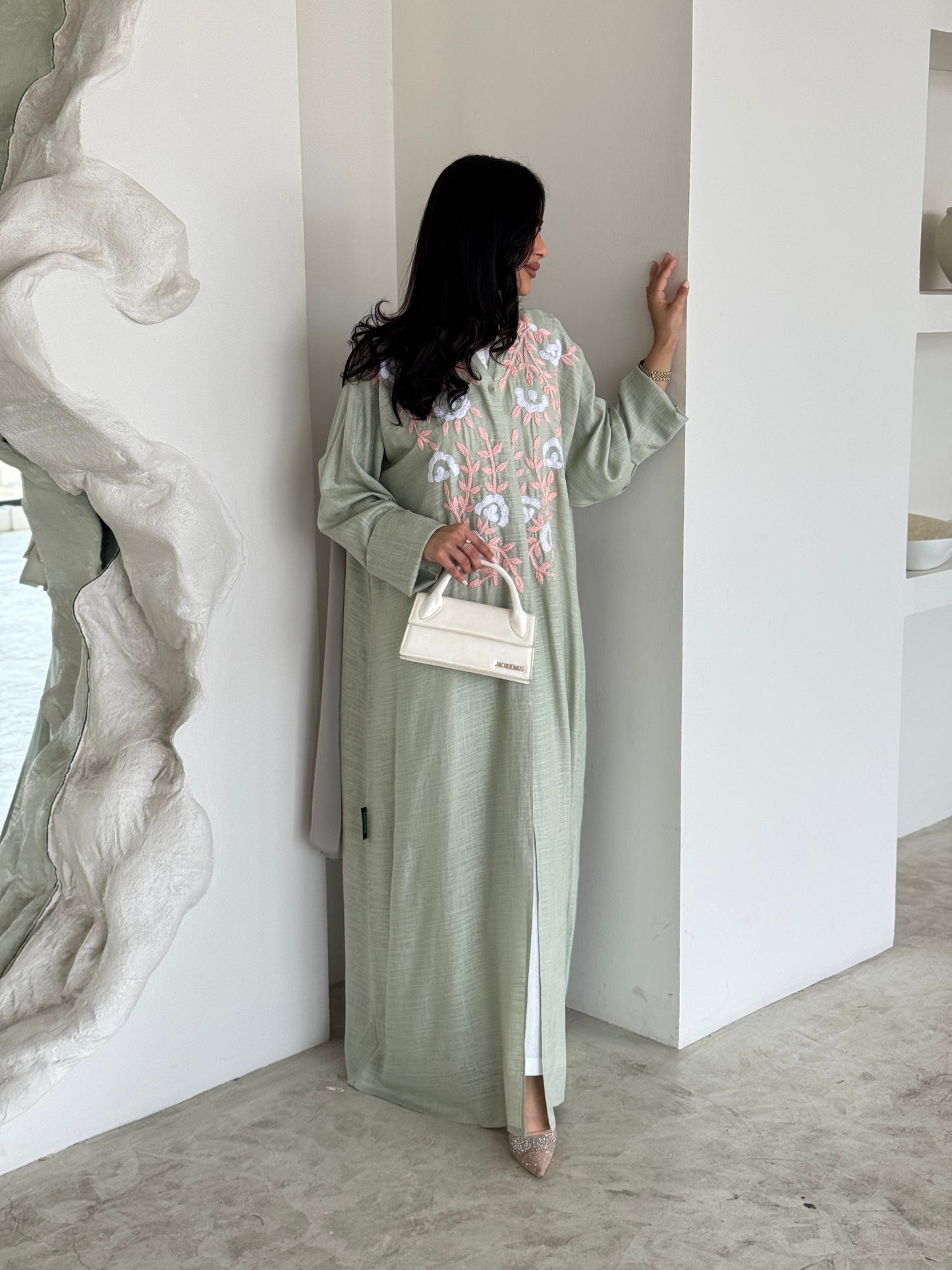 FAB187- Light Green Summer Linen - Half-bisht cut Abaya