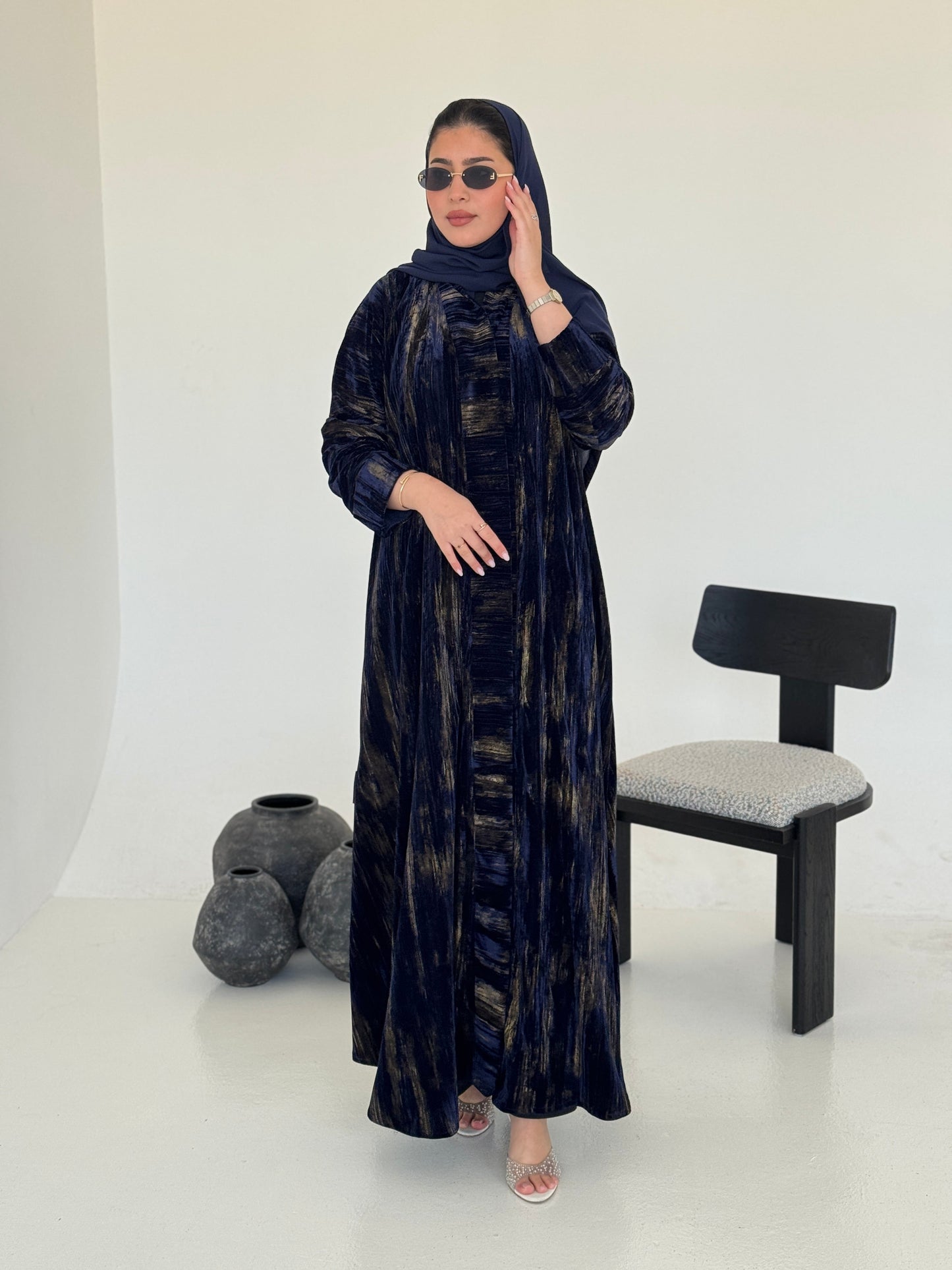 FAB235- Blue & Gold Marble Velvet A-Cut Abaya