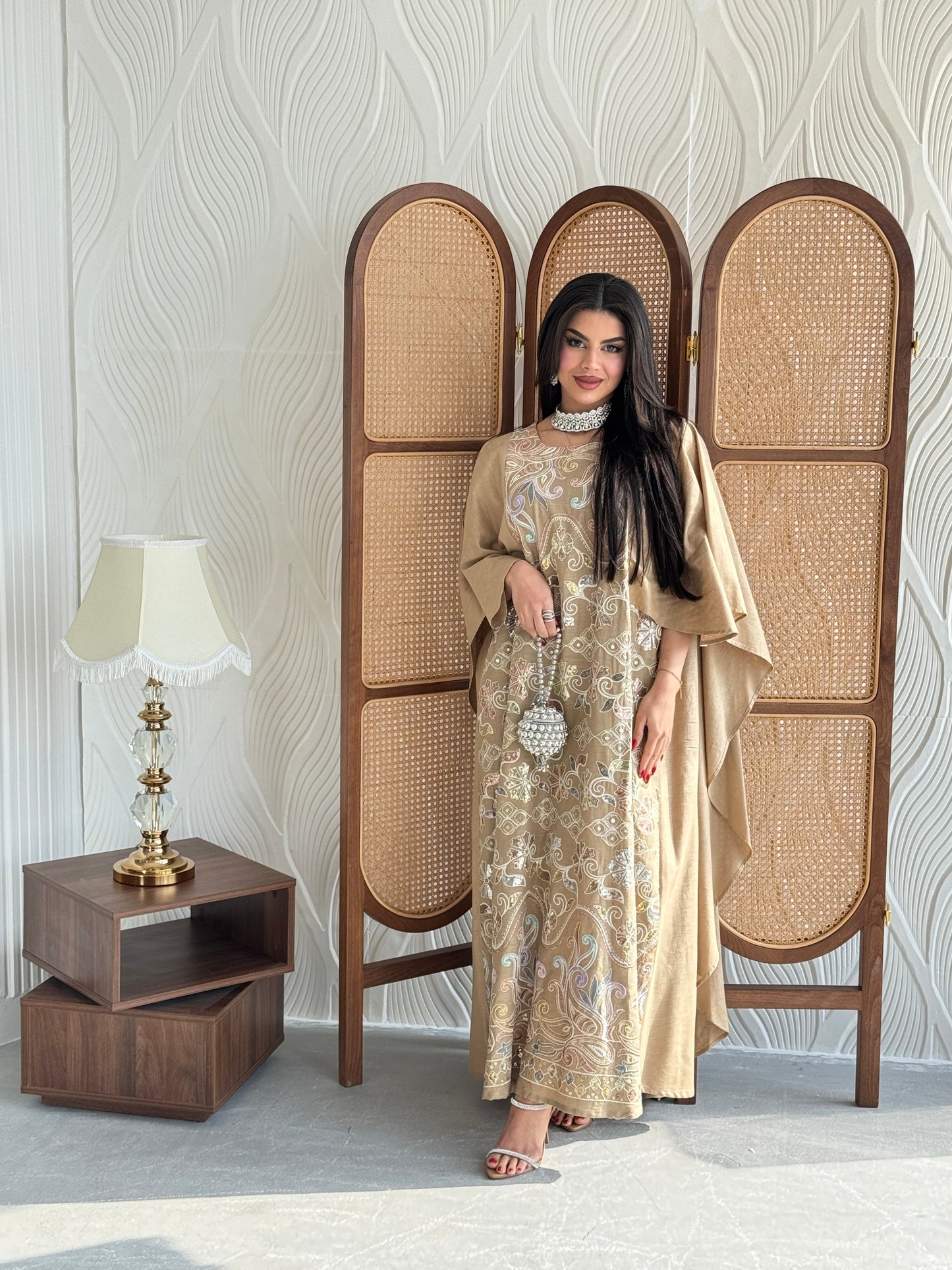 FAB269- Beige Elegant linen jalabiya with multicolor embroidery and a flowing cape cut