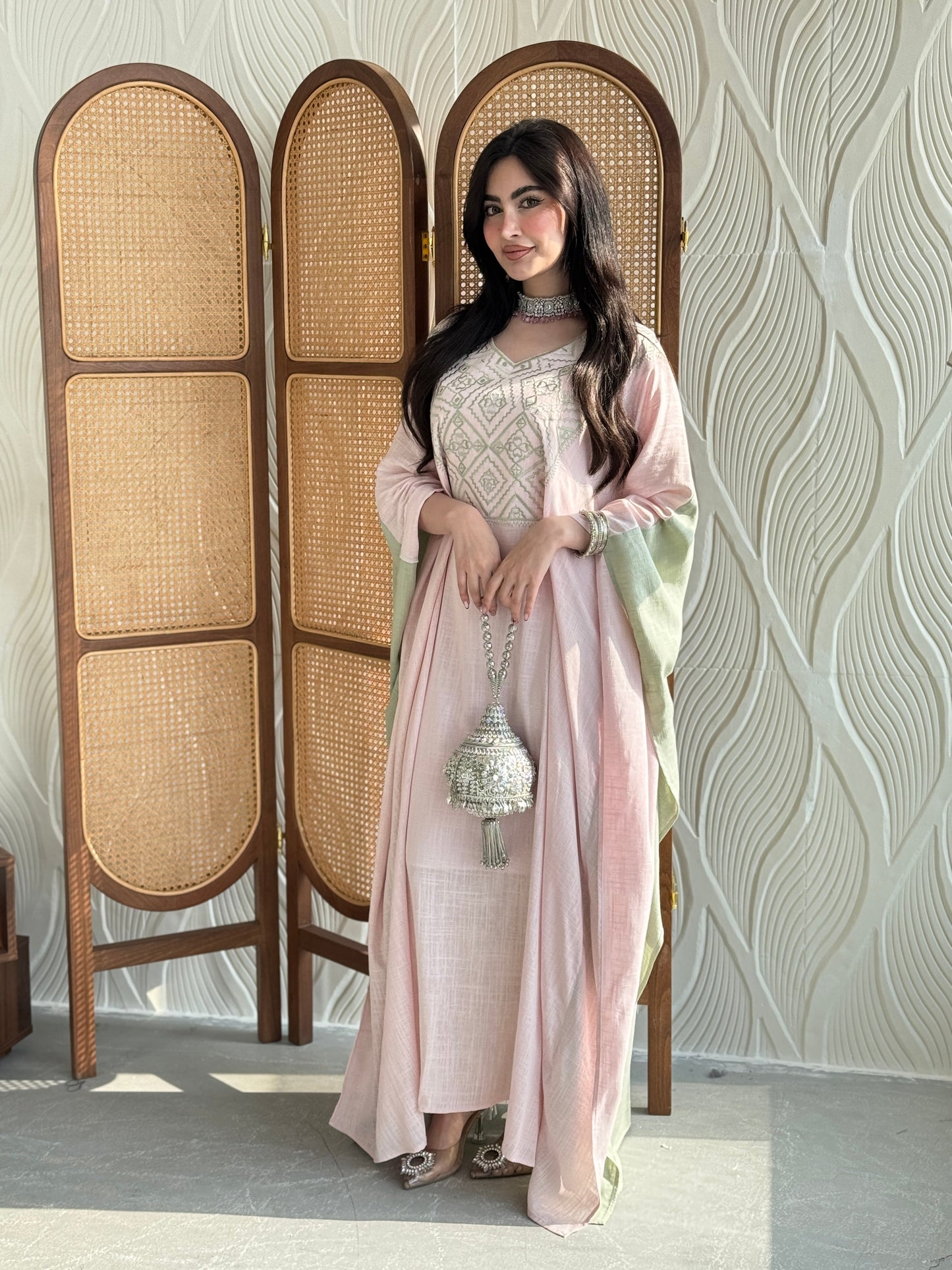 FAB256- Pink and Green Two-sided embroidered Linen butterfly cut jalabiya