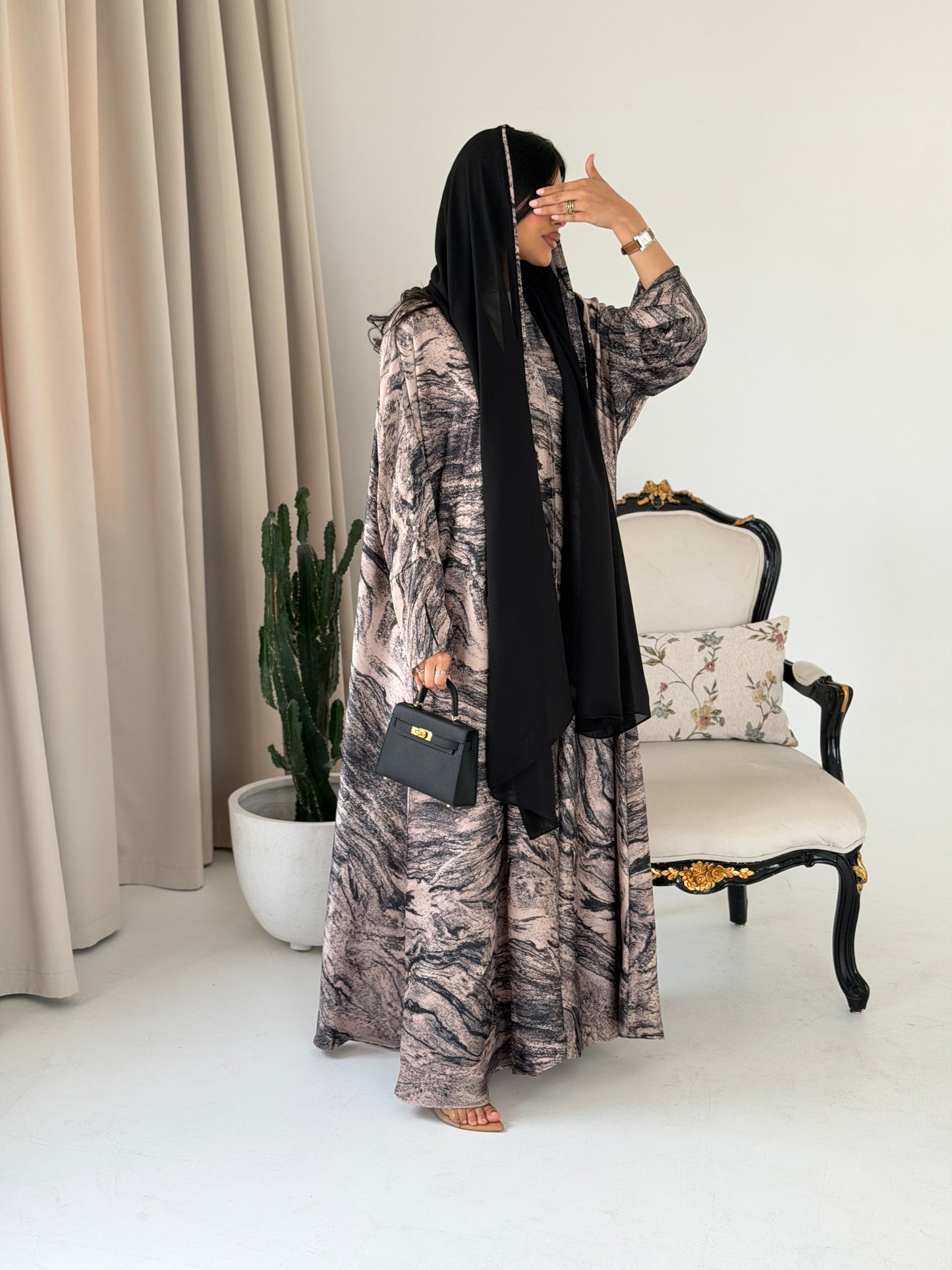 FAB286- Beige Marble Print- Crepe A-Cut Abaya with pipping headscarf