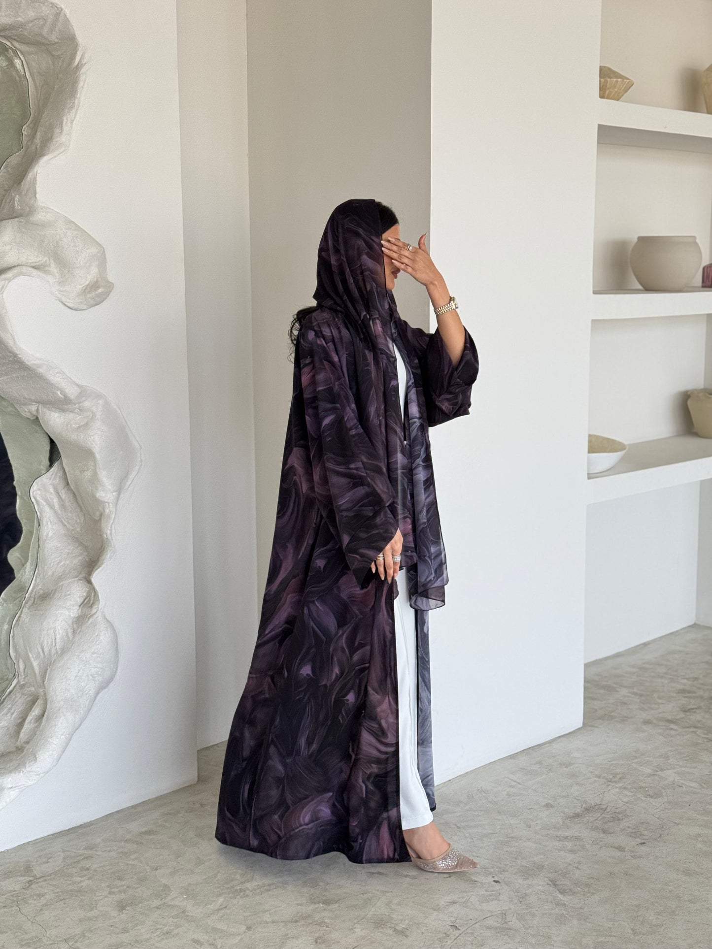 FAB171- Purple Pattern Crepe Summer Abaya with matching headscarf