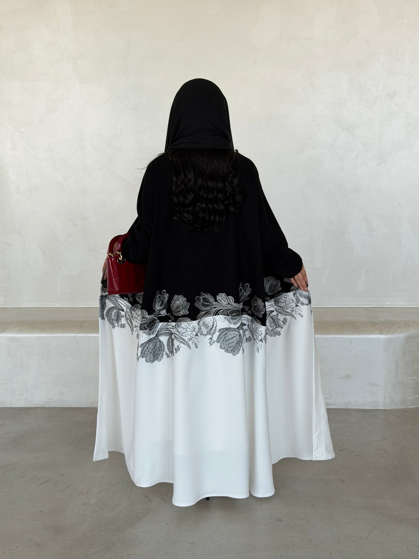 FAB292- Black & White Crepe Crystal Embroidered Abaya