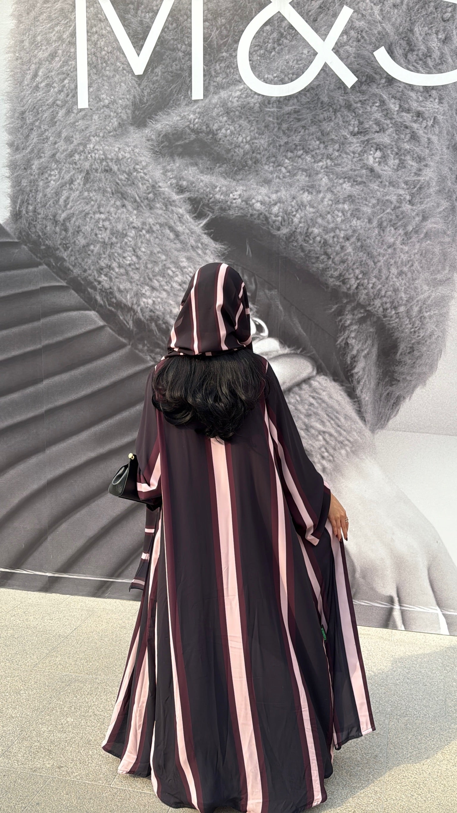 FAB304- Black/Maroon Striped Print Chiffon Silk A-Cut Abaya Set