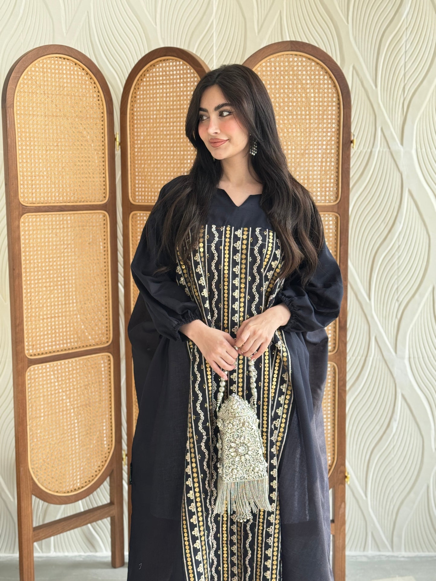 FAB265- Navy free-size linen jalabiya with elegant gold embroidery