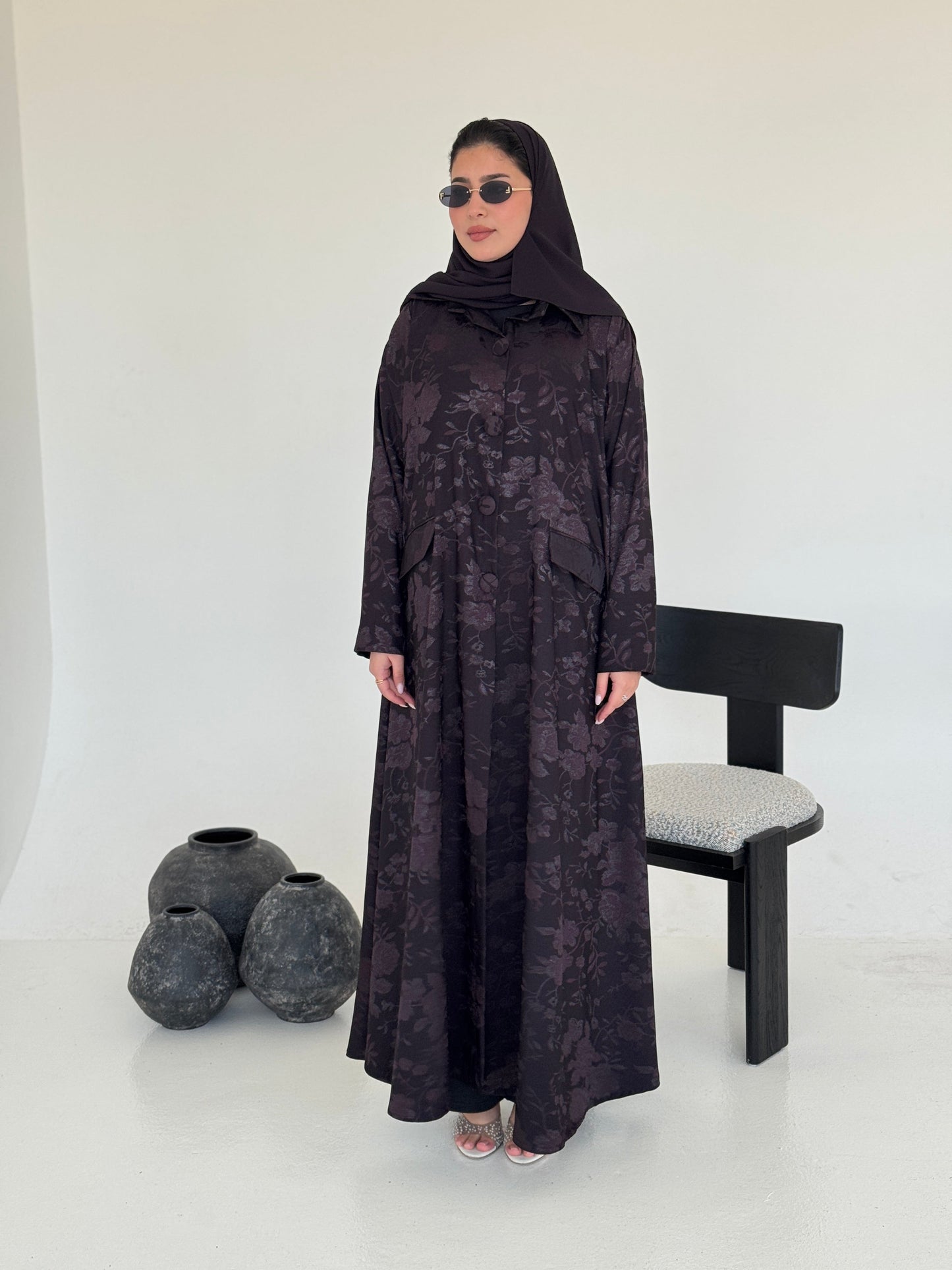 FAB237- Purple Floral Silk Jacquard Blazer A-Cut Abaya