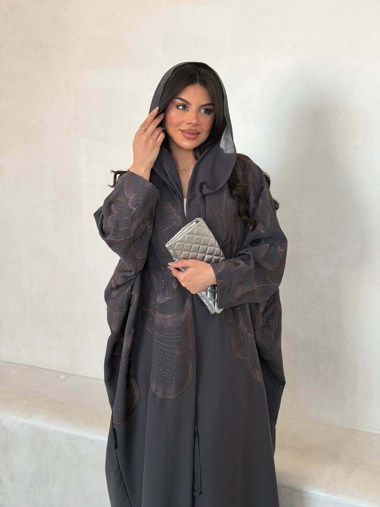 FAB296- Grey Crystal Embroidered Half Bisht Cut Crepe Abaya