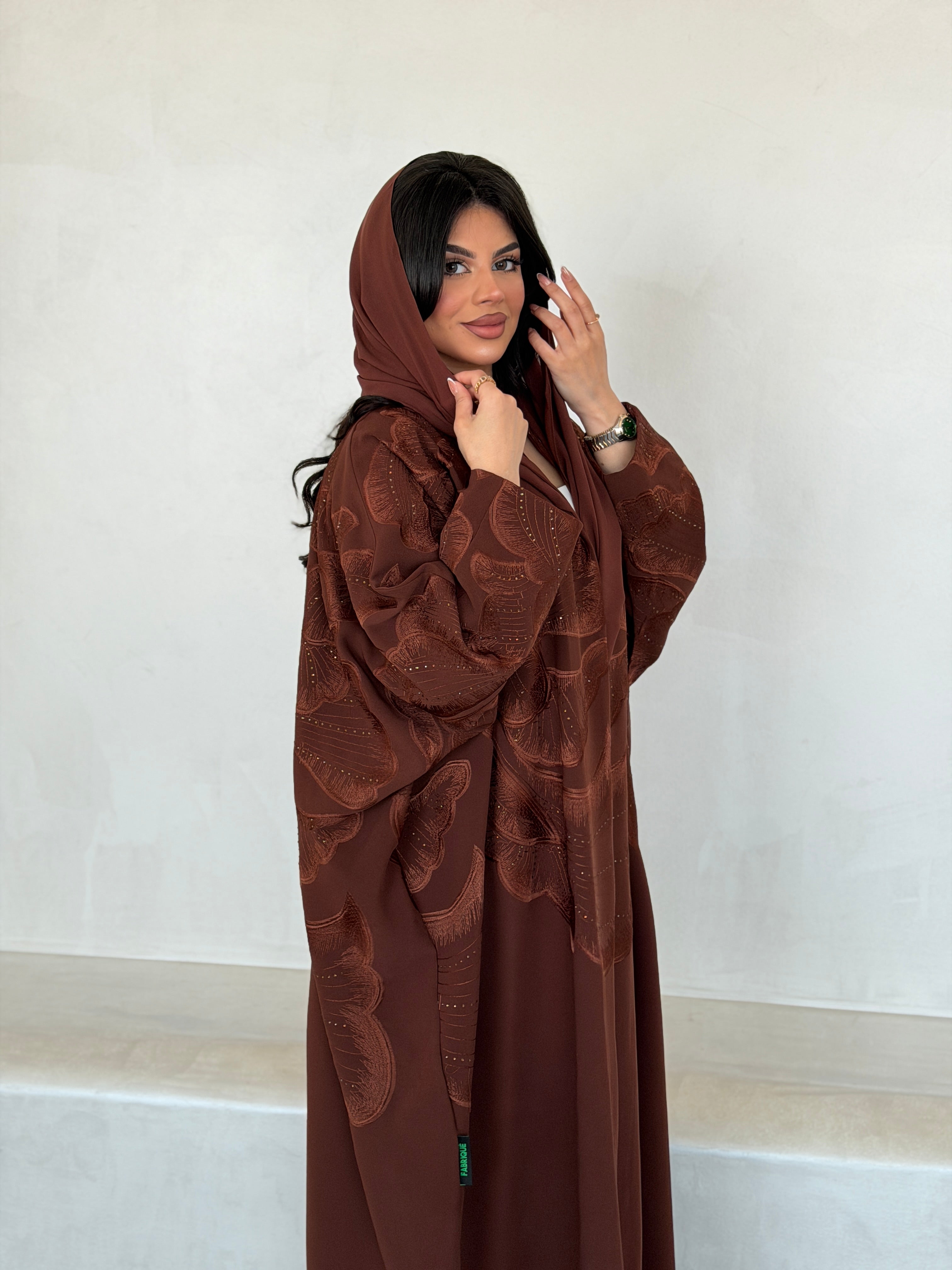 FAB295- Orange Crystal Embroidered Half Bisht Cut Crepe Abaya