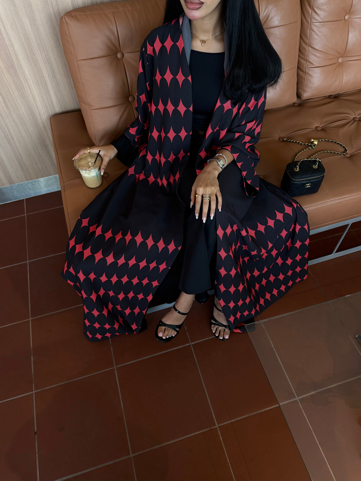 FAB335-Red & Black Diamond Print Straight-Cut Abaya with Matching Headscarf