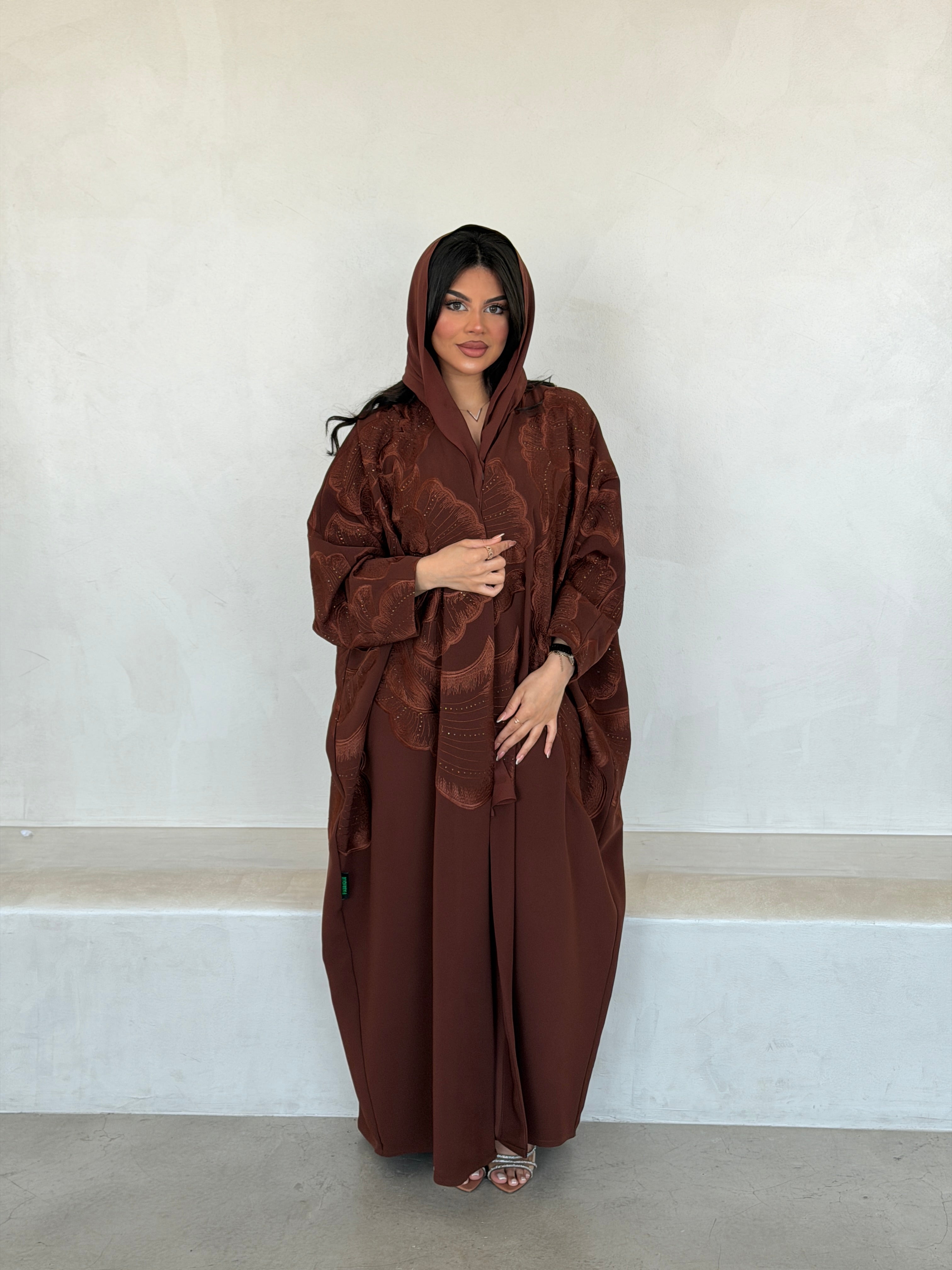 FAB295- Orange Crystal Embroidered Half Bisht Cut Crepe Abaya