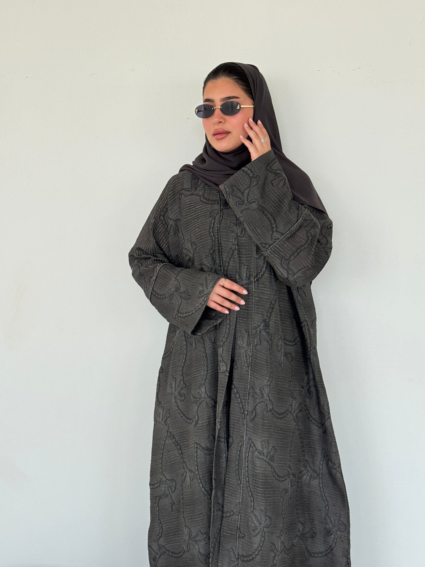 FAB220-Black Grey Ribbon Embroidery Linen Abaya with headscarf