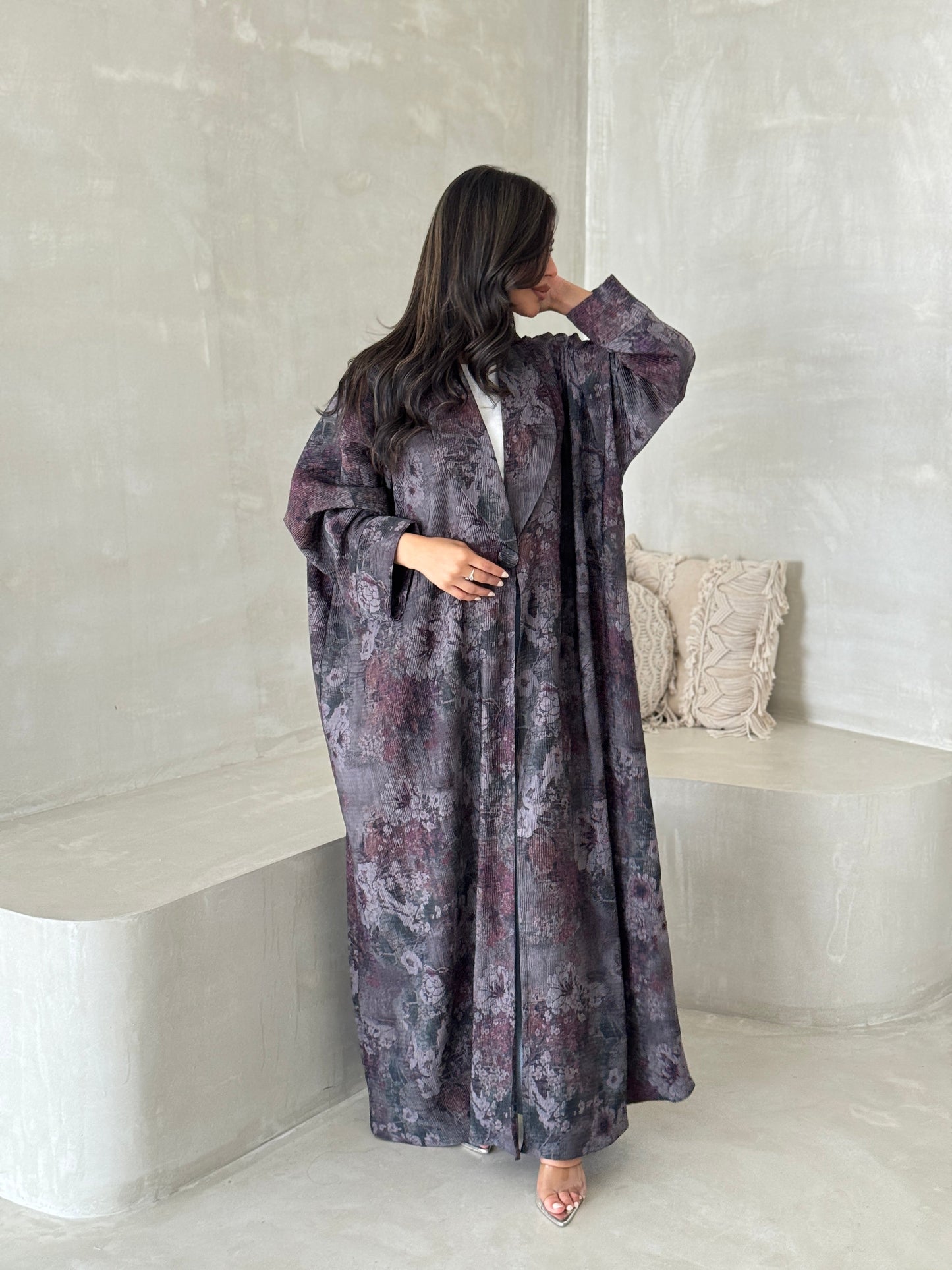 FAB199-Grey Pleats Half-Bisht Summer Abaya with matching headscarf