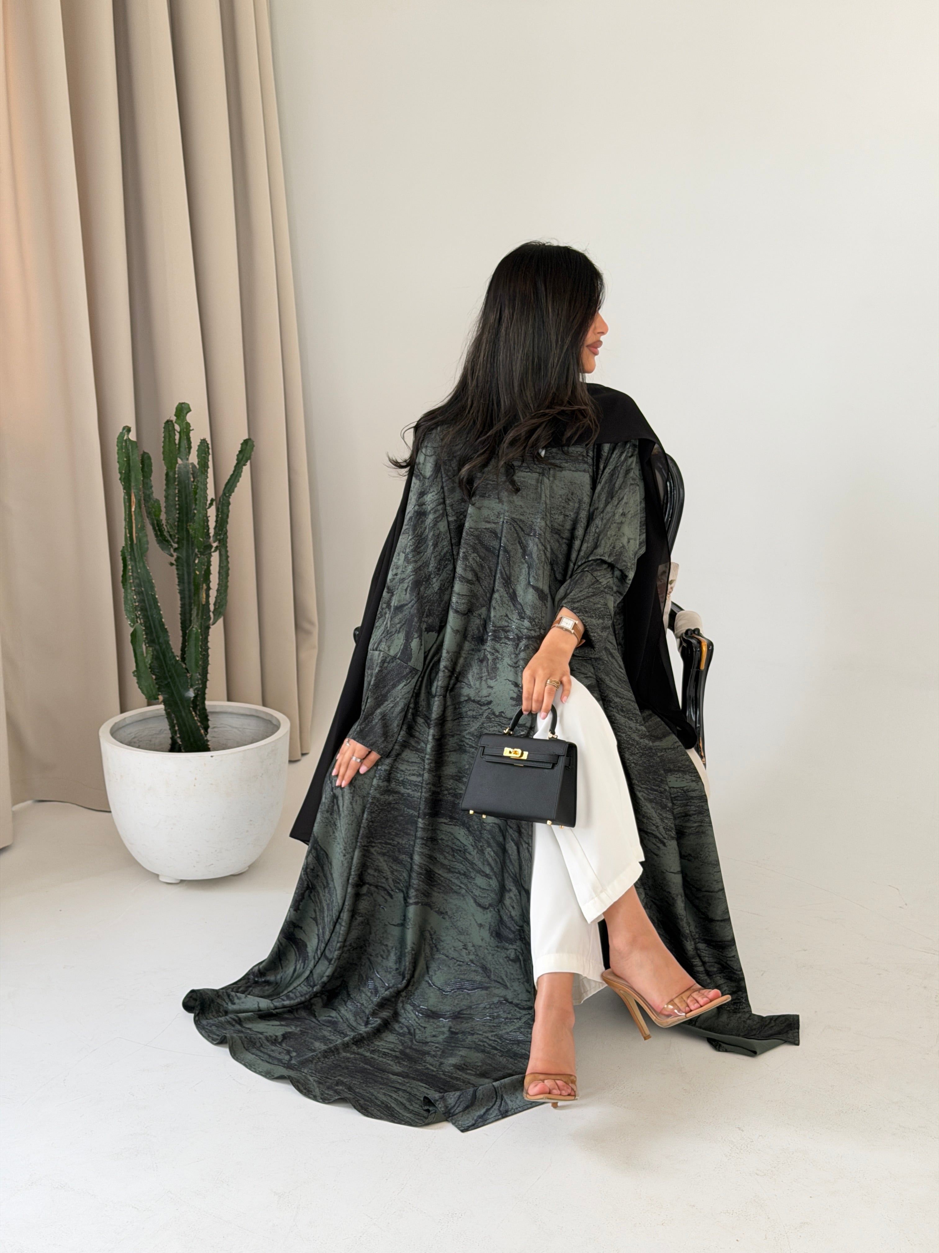 FAB288- Green Marble Print - Crepe A-Cut Abaya with pipping headscarf