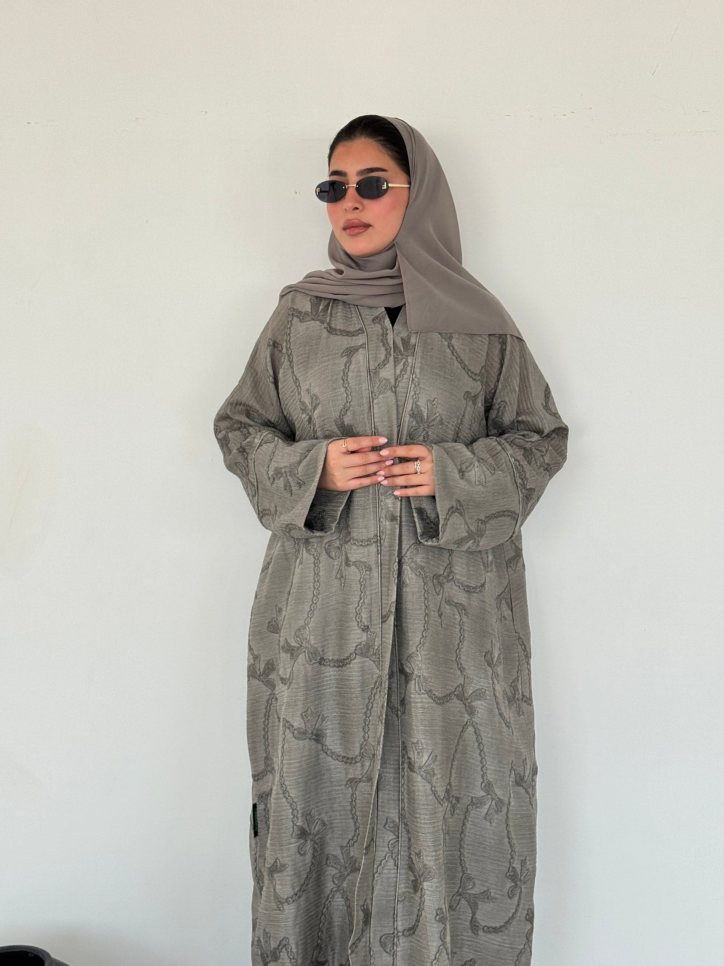 FAB217- Beige Ribbon Embroidery Linen Abaya with headscarf