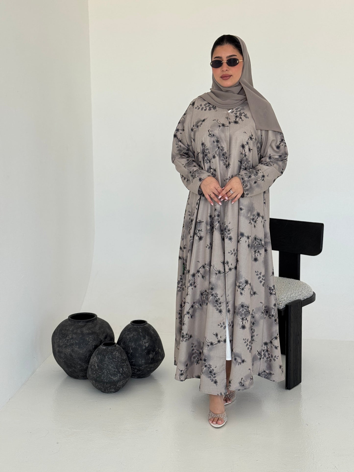 FAB223- Light Beige Printed Floral A-Cut Abaya