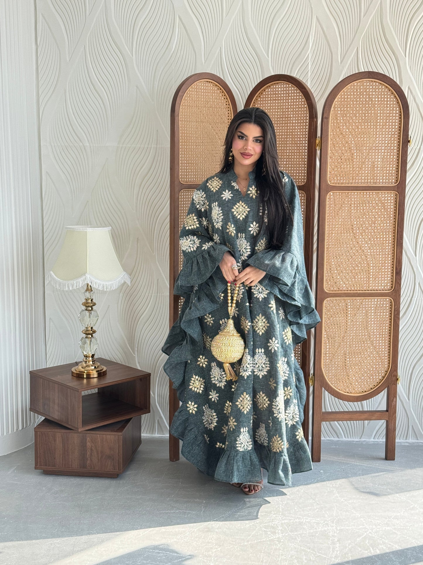 FAB272-Green Linen Embroidered Butterfly-Cut Jalabiya with Ruffled Sleeves