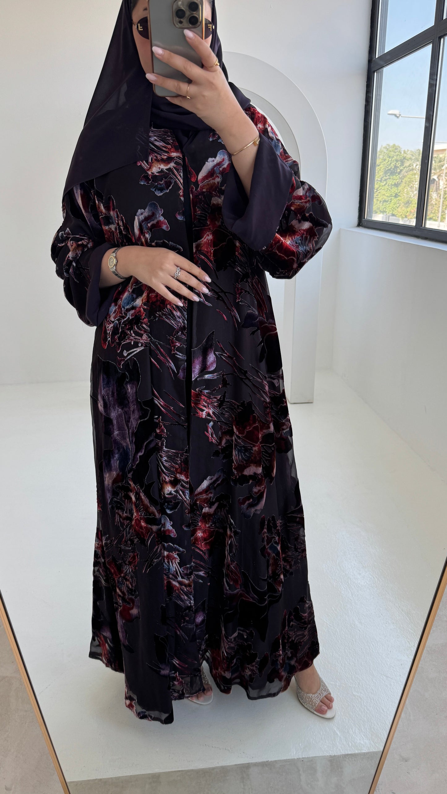 FAB231- Dark Purple Chiffon with Velvet Print Abaya with headscarf