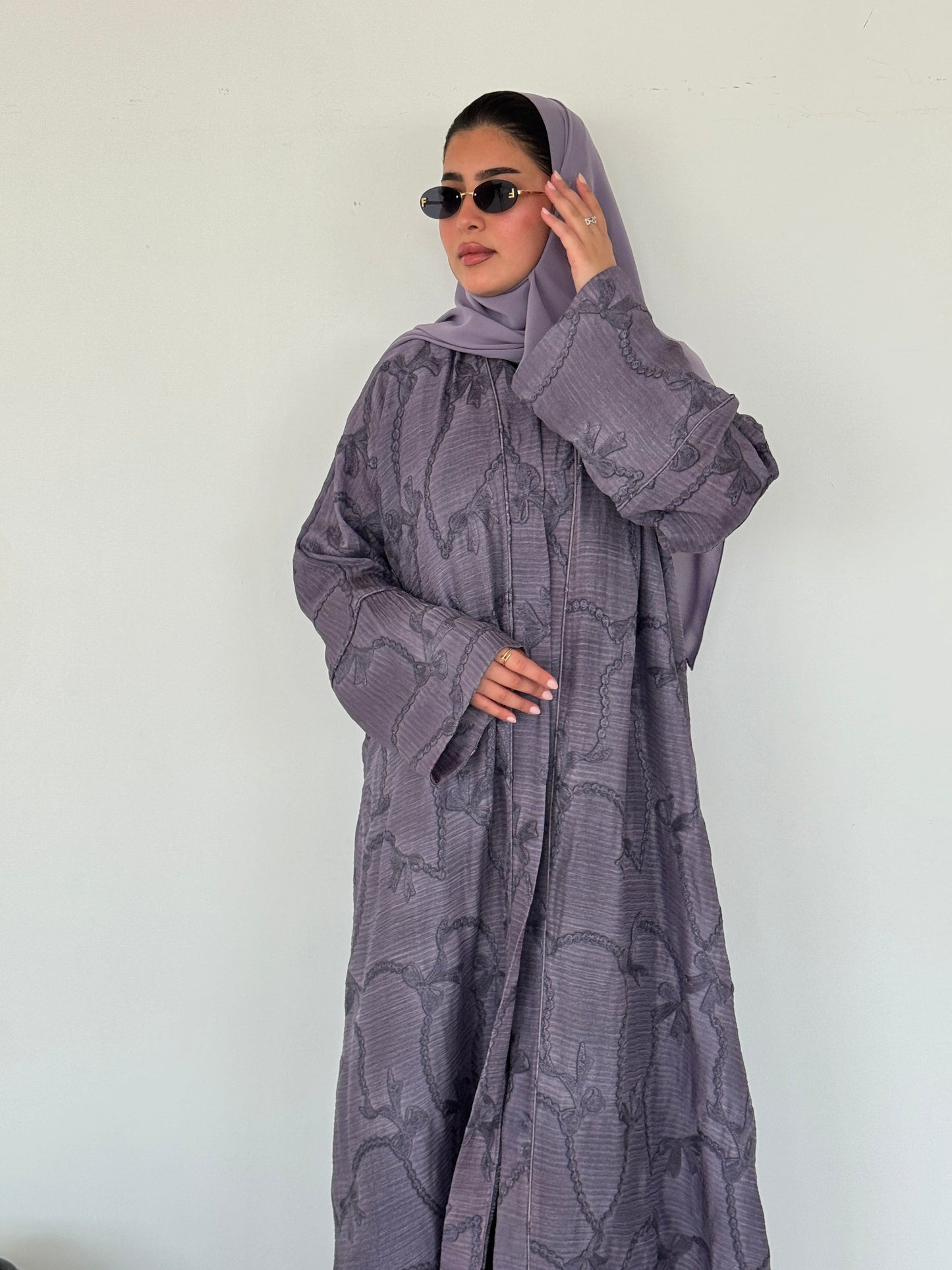FAB219- Purple Ribbon Embroidery Linen Abaya with headscarf