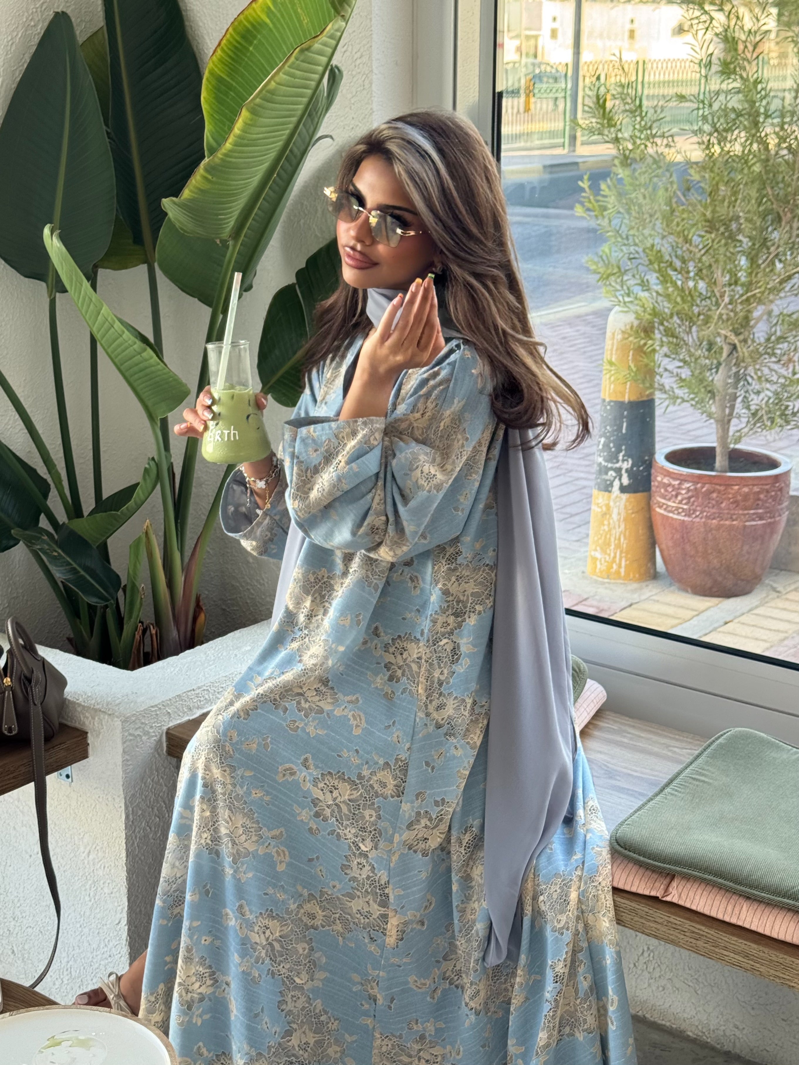 FAB300- Yellow and Blue Lace and Linen Summer A-Cut Abaya