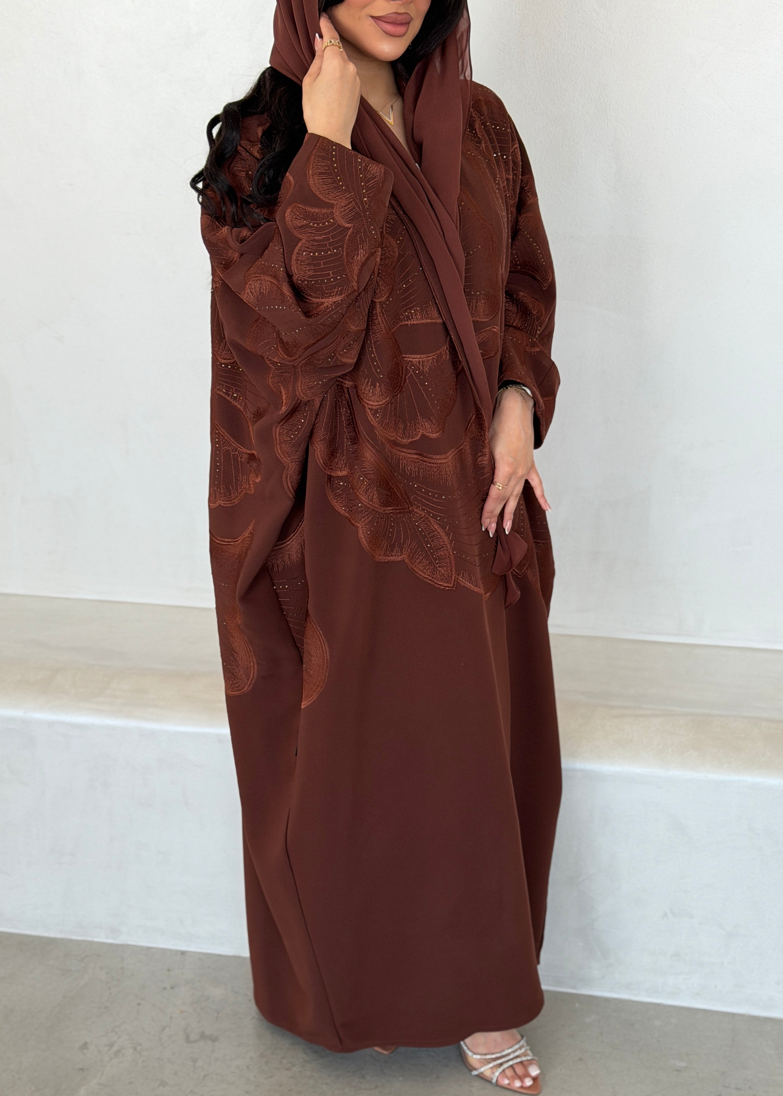 FAB295- Orange Crystal Embroidered Half Bisht Cut Crepe Abaya