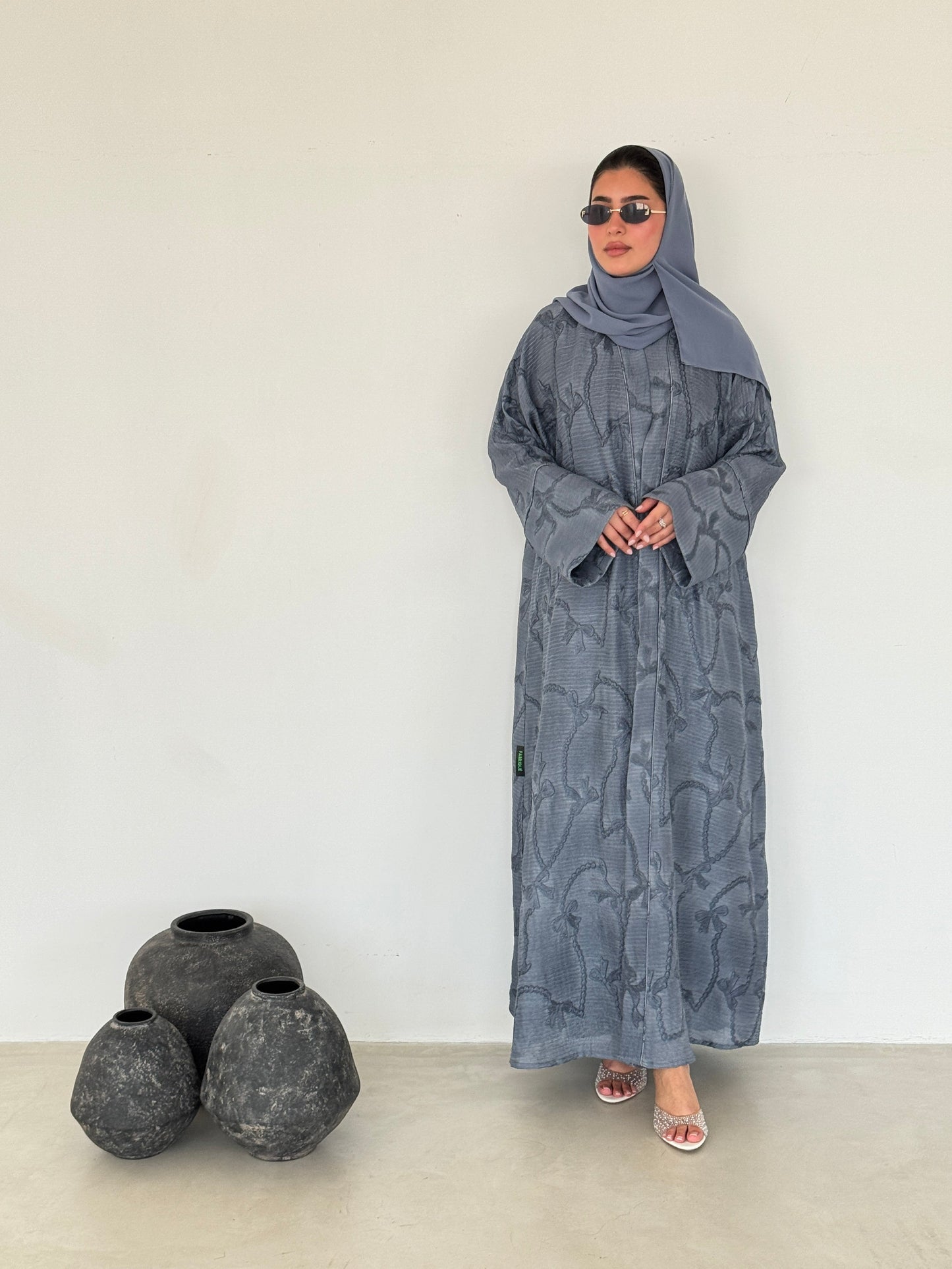 FAB218- Blue Ribbon Embroidery Linen Abaya with headscarf