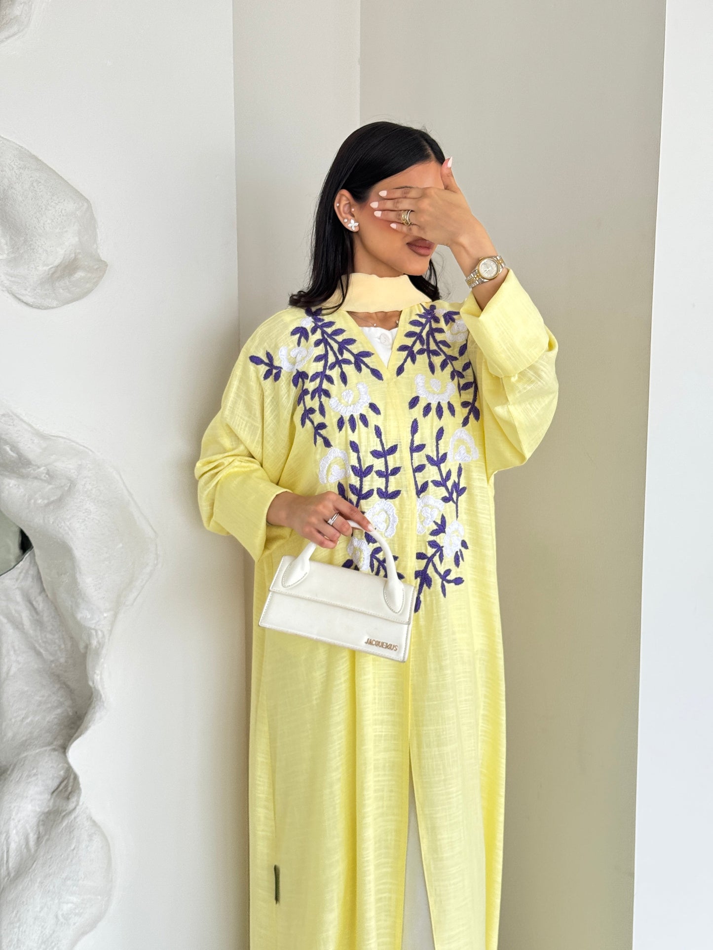 FAB188- Yellow Summer Linen - Half-bisht cut Abaya