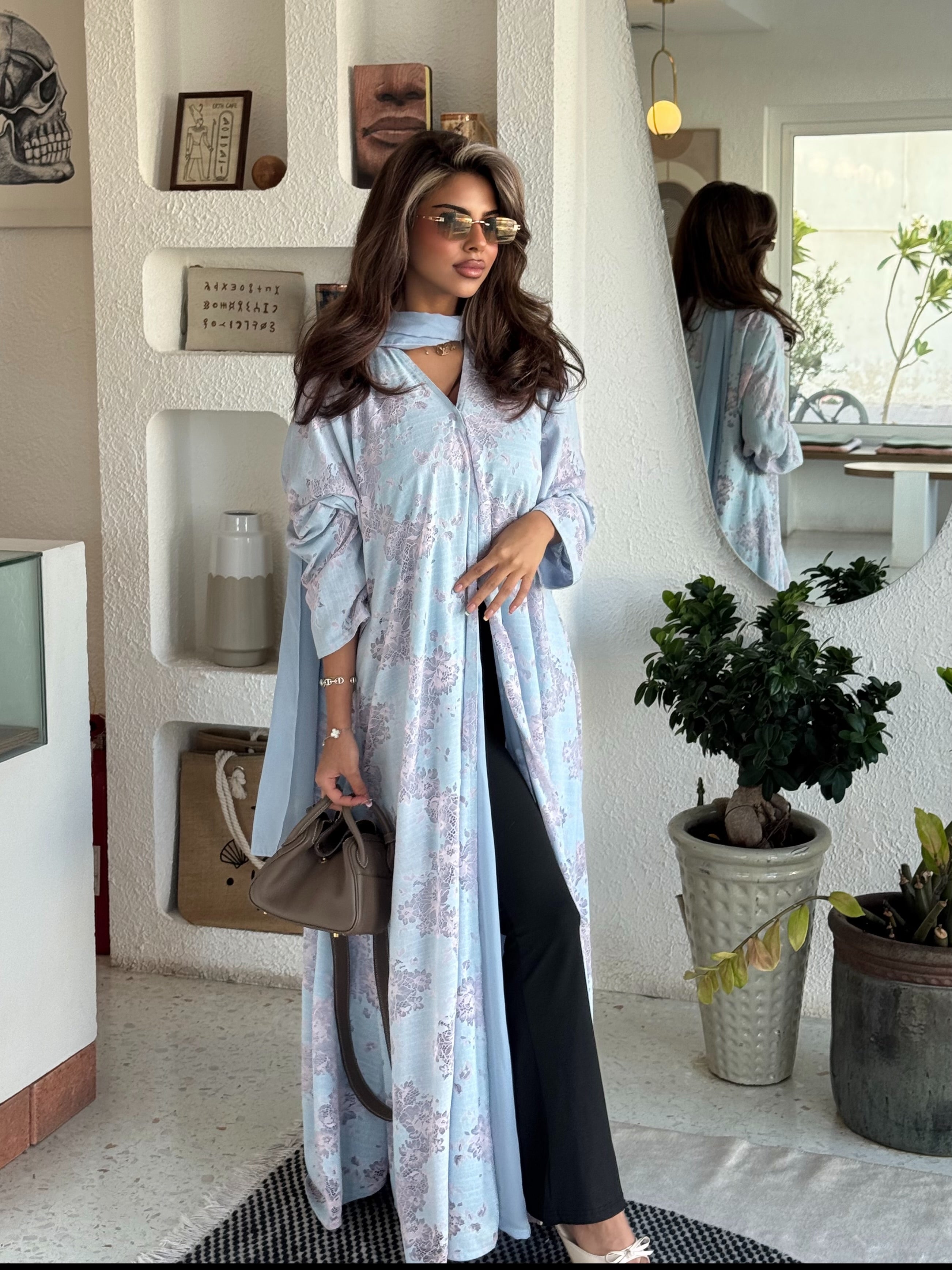 FAB299- Pink and Blue Lace and Linen Summer A-Cut Abaya