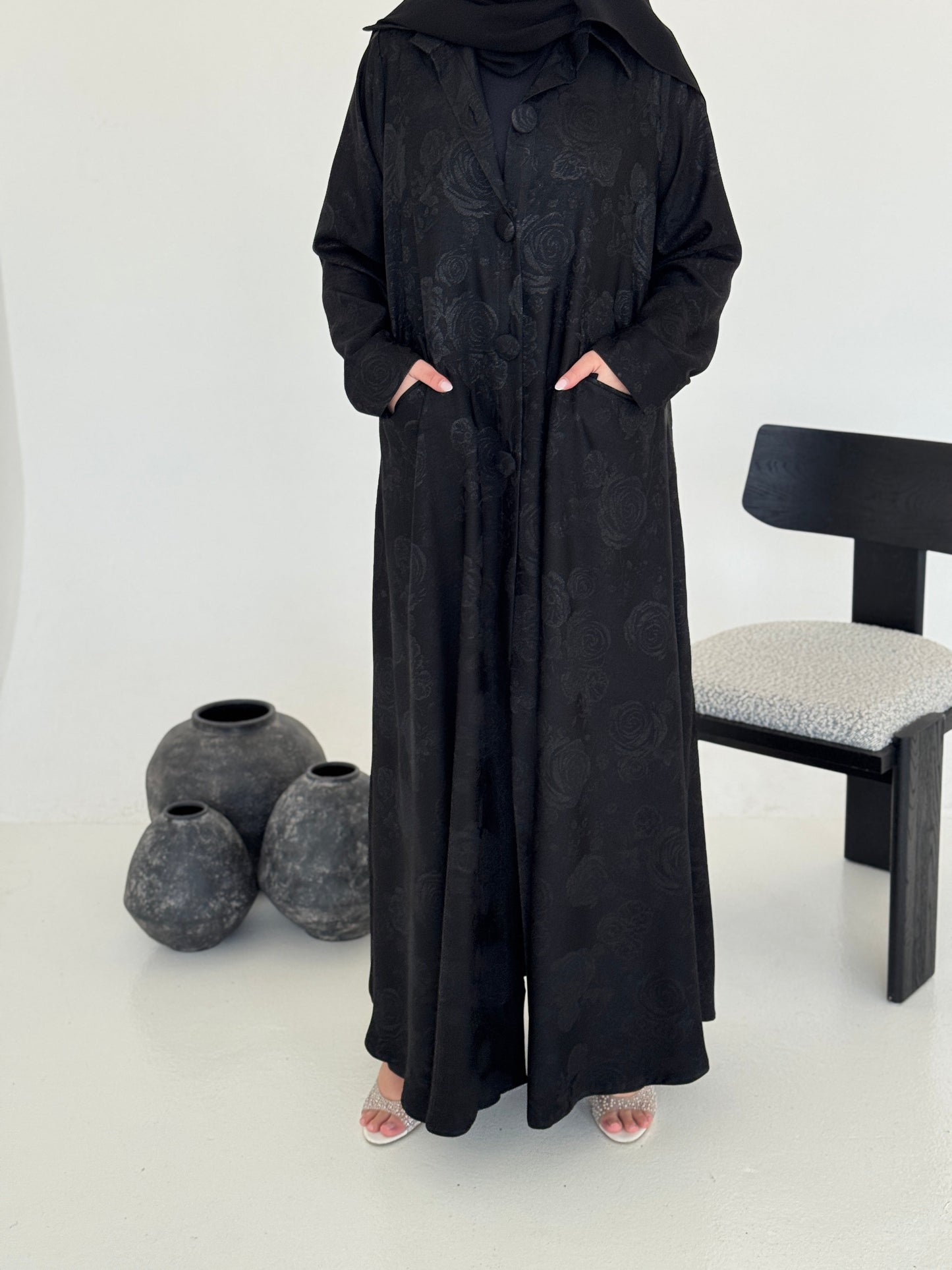 FAB238- Black Floral Silk Jacquard Blazer A-Cut Abaya