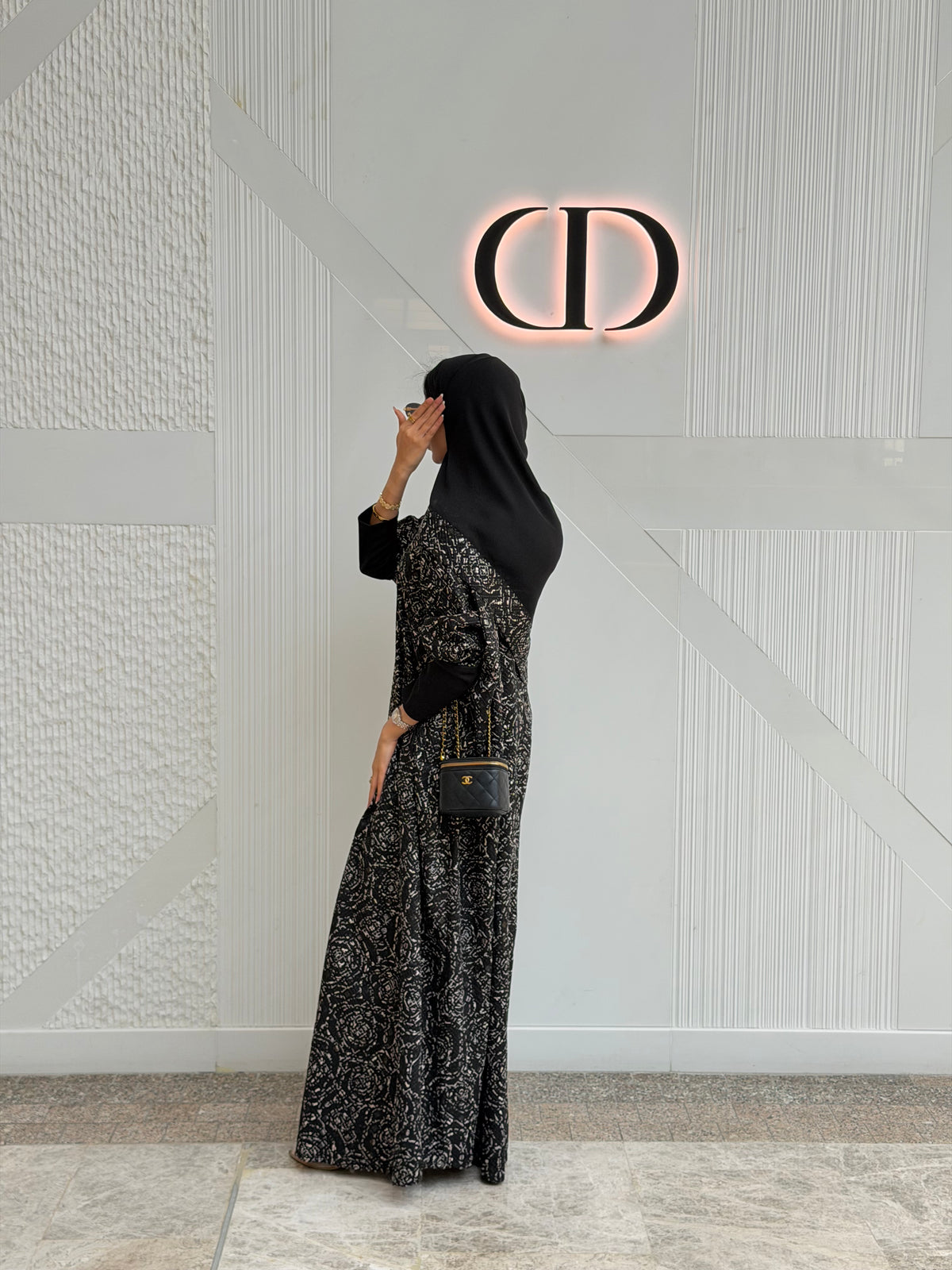 FAB340-Black White Embroidery Half-Bisht Cut Abaya with Fitted Black Stretch Sleeves and matching headscarf