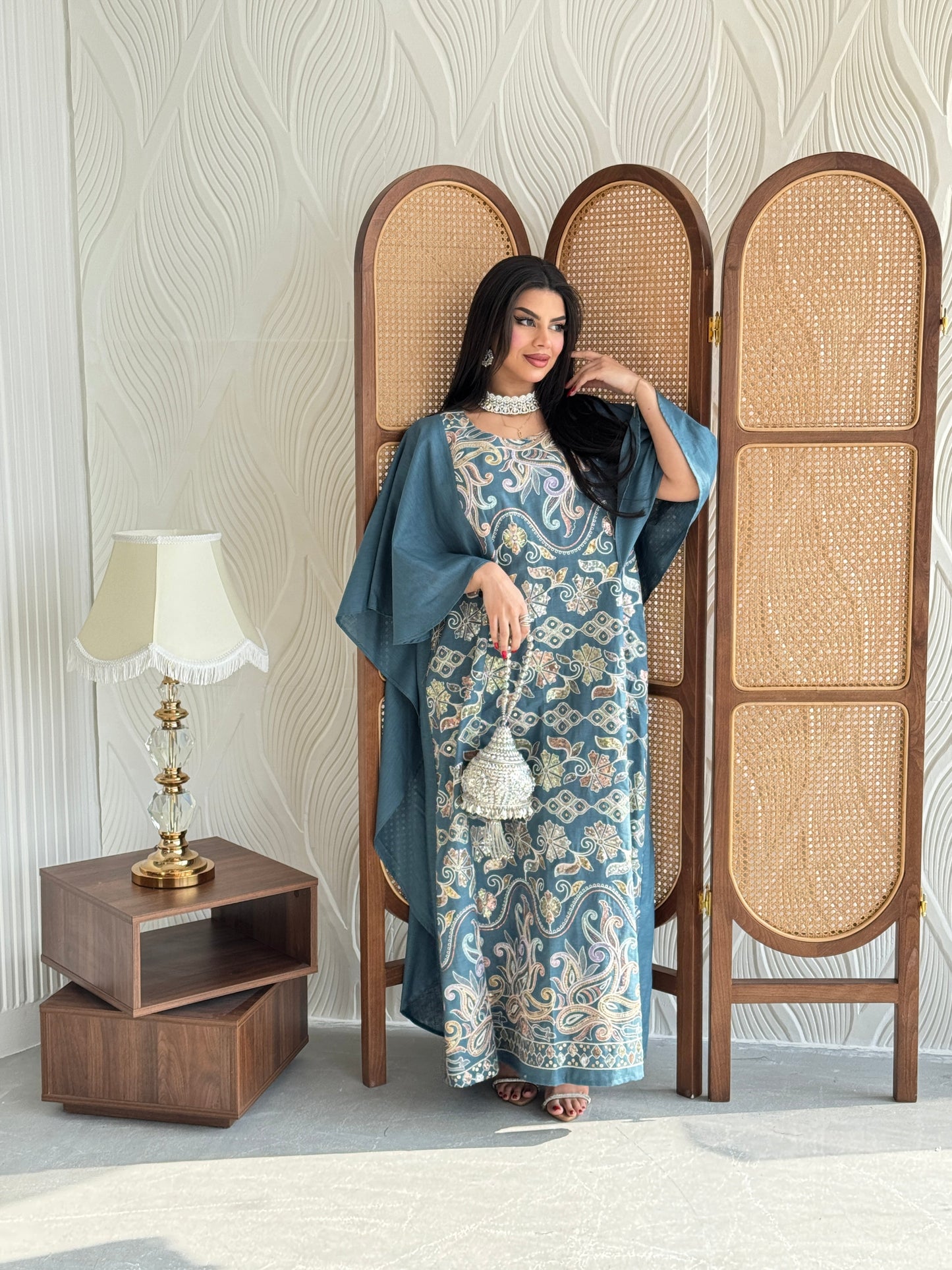 FAB267- Teal Blue Elegant linen jalabiya with multicolor embroidery and a flowing cape cut