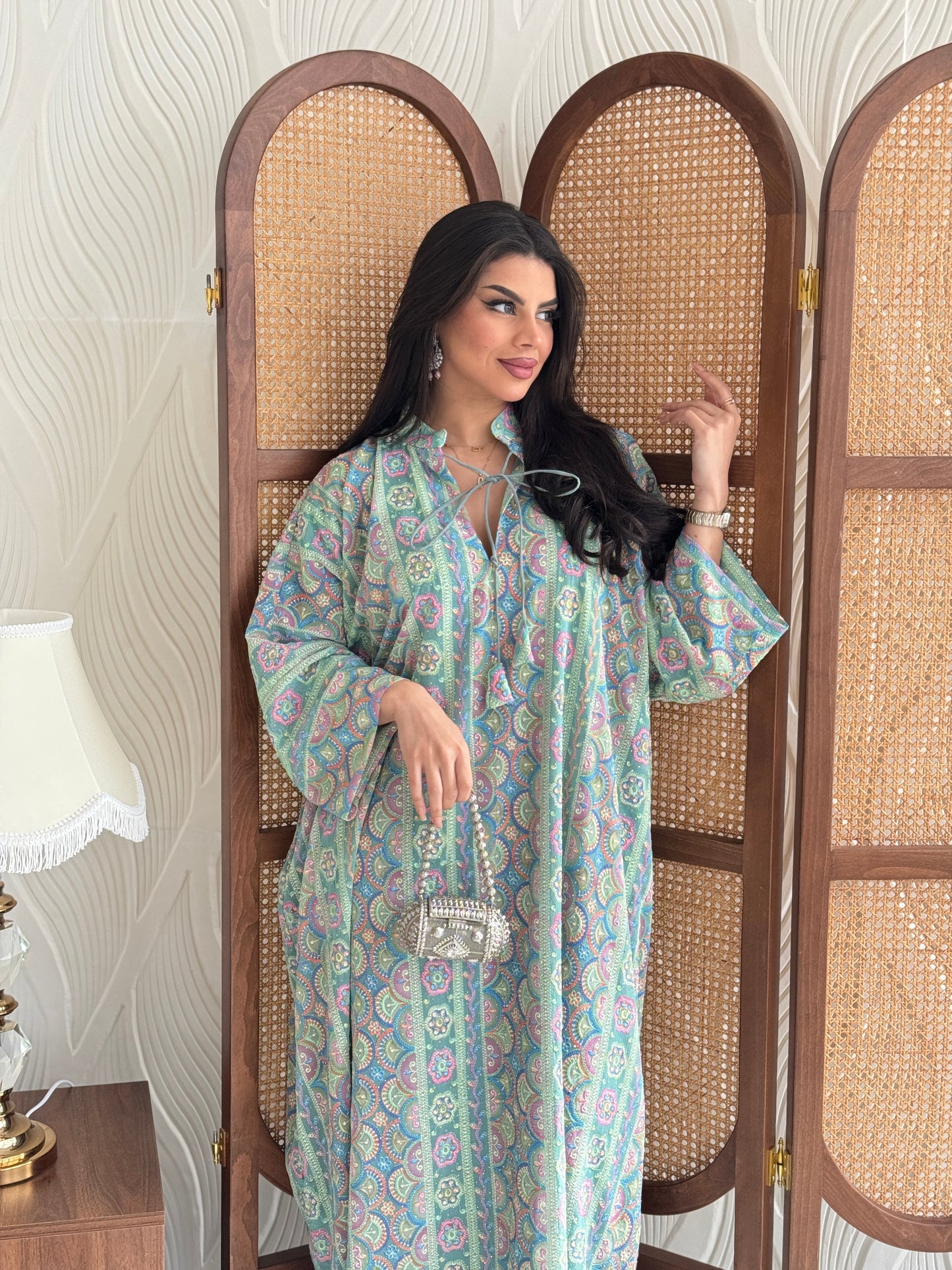 FAB279-Green free size colorful crystals chiffon jalabiya and tie-neck detail