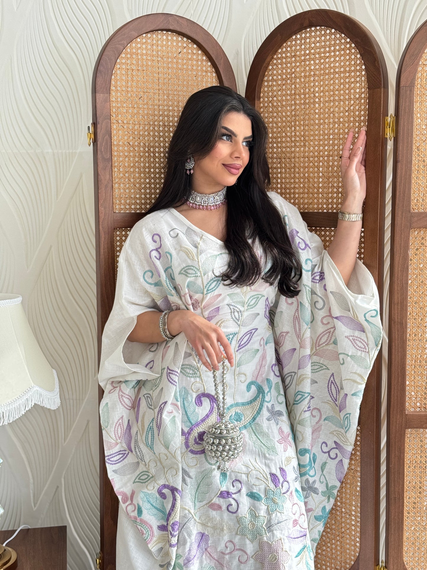 FAB262-White Linen free-size jalabiya with elegant multicolor embroidery