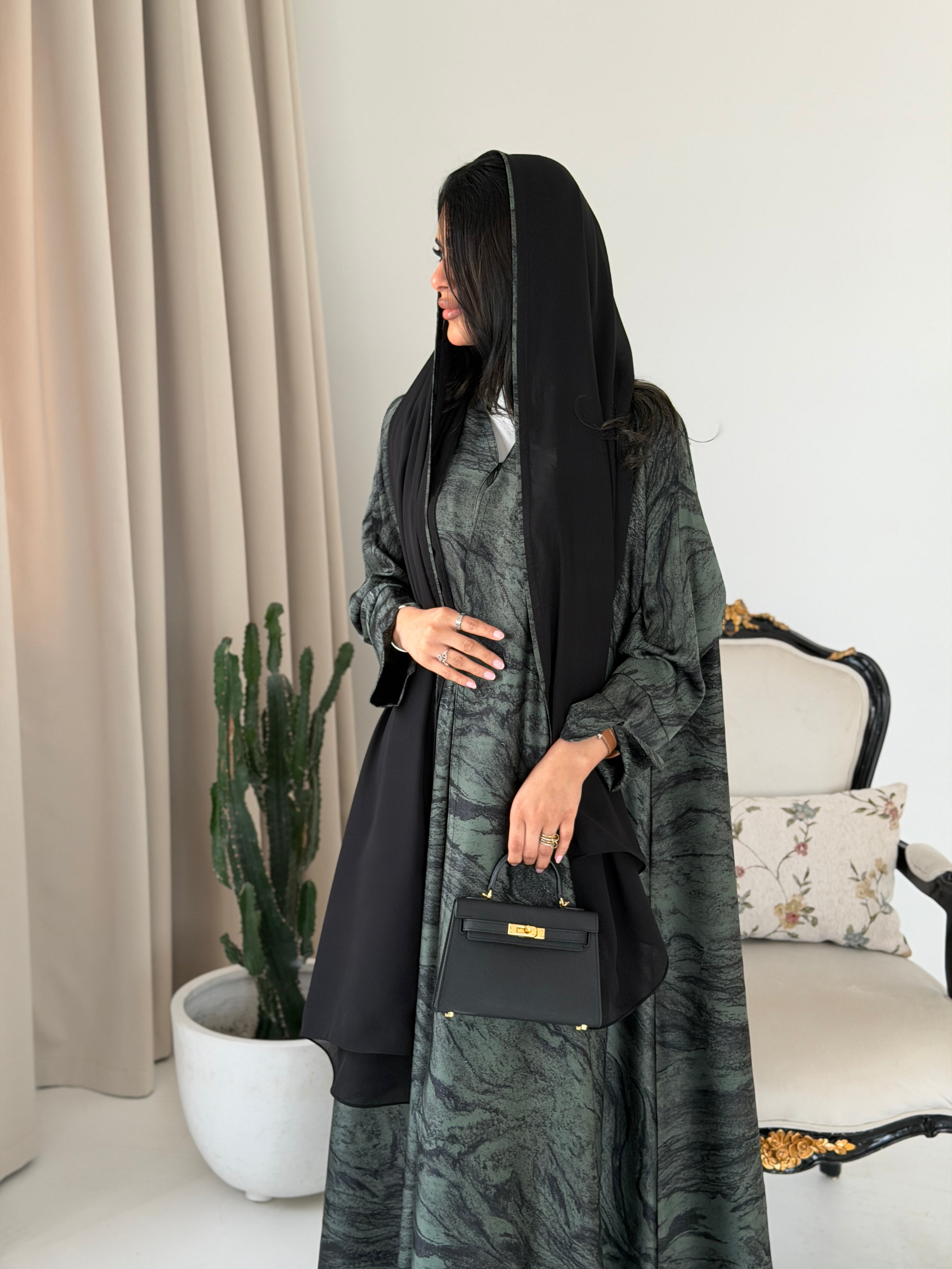 FAB288- Green Marble Print - Crepe A-Cut Abaya with pipping headscarf