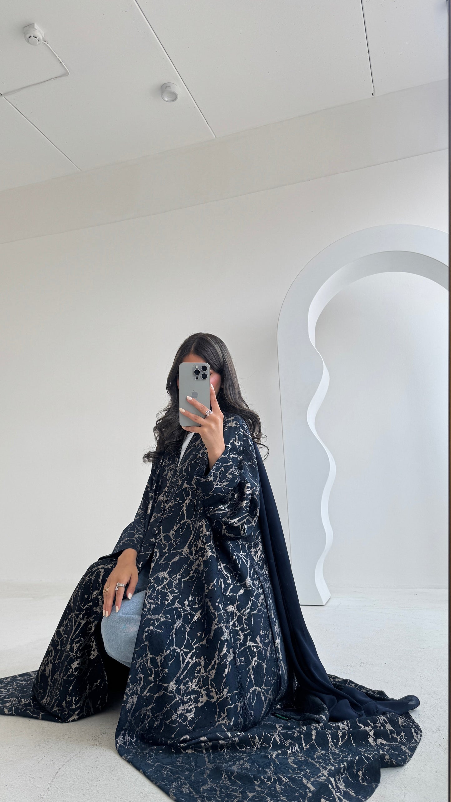 FAB207-Elegant Navy Blue Metallic Crepe Silk A-Cut Abaya with headscarf