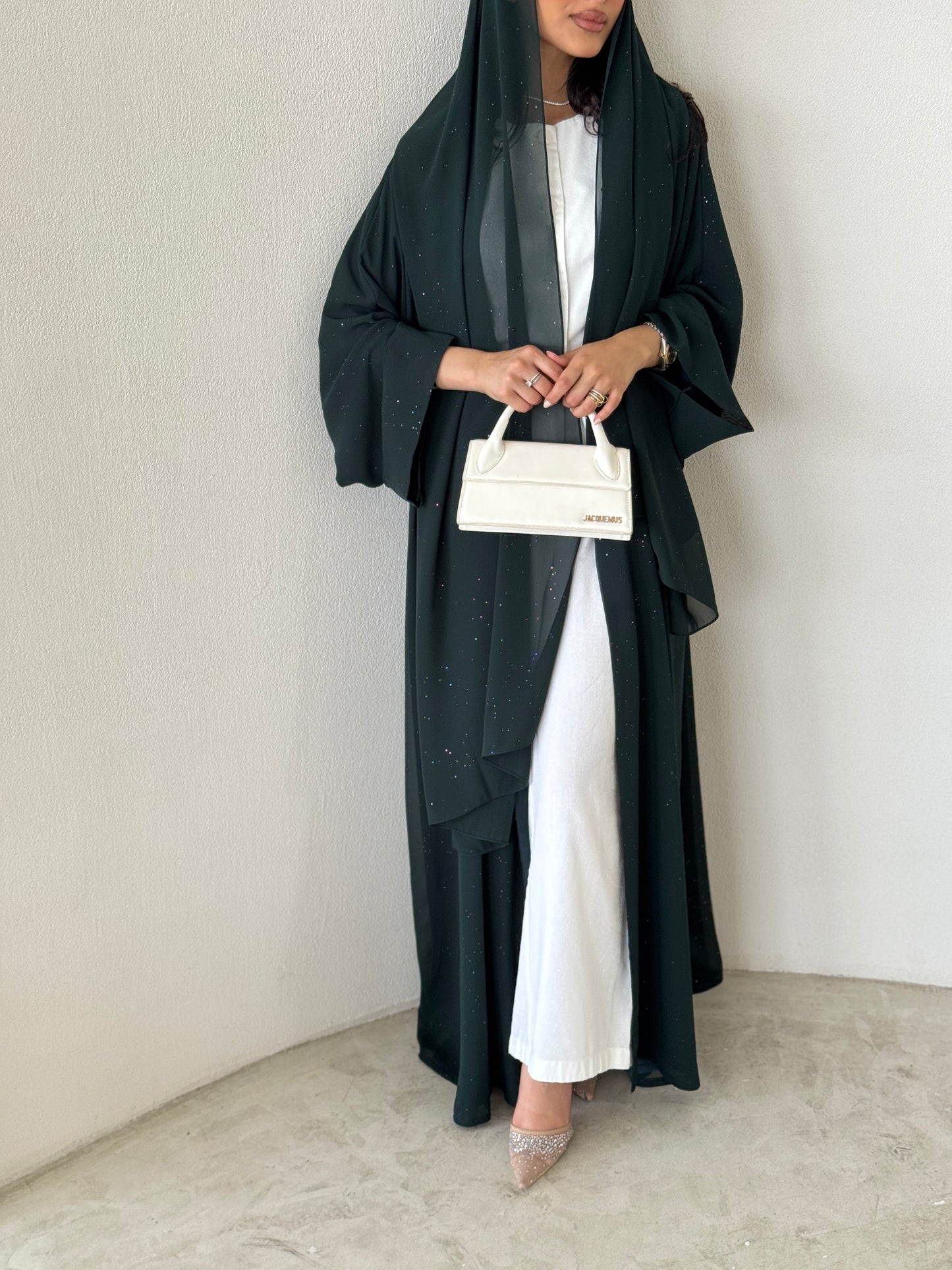 FAB185- Elegant Green Glitter Chiffon Abaya