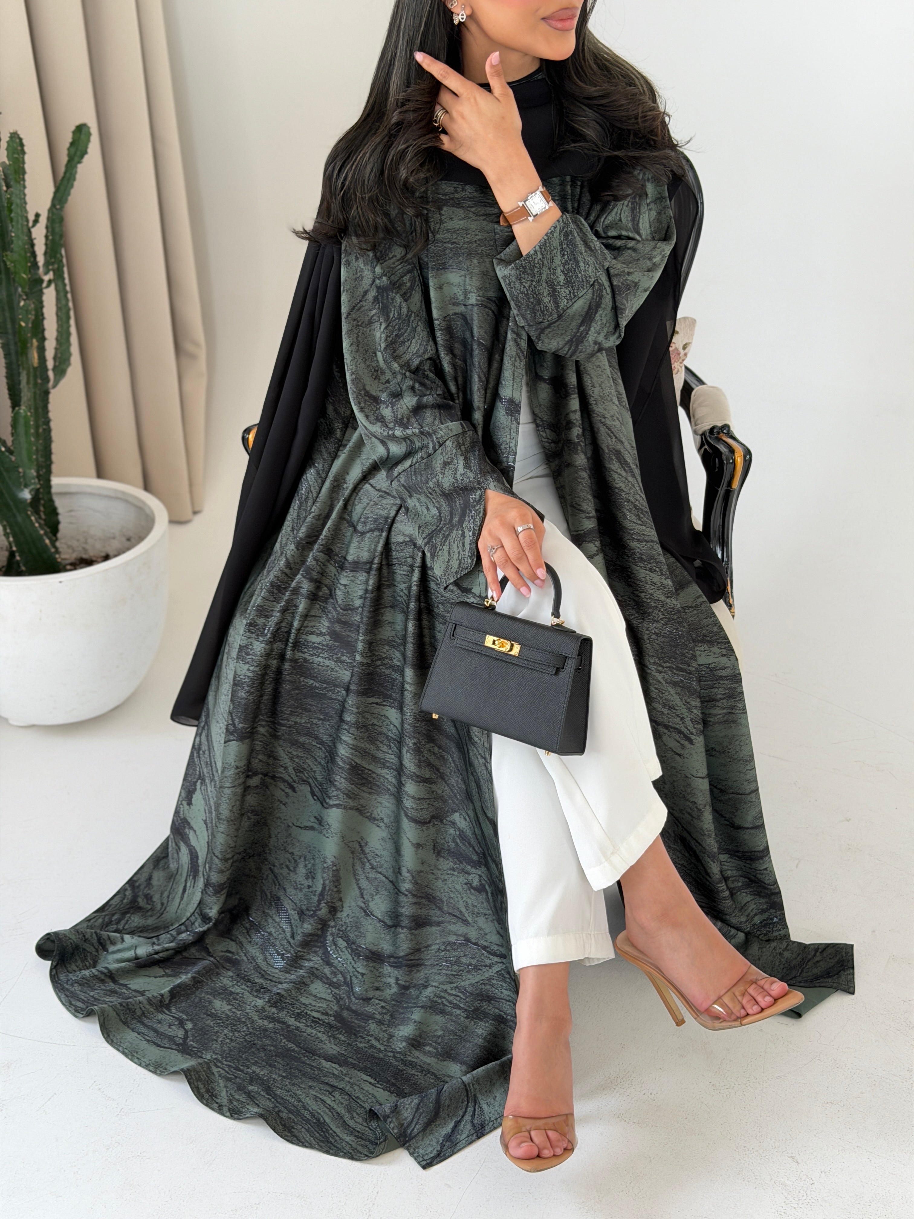 FAB288- Green Marble Print - Crepe A-Cut Abaya with pipping headscarf