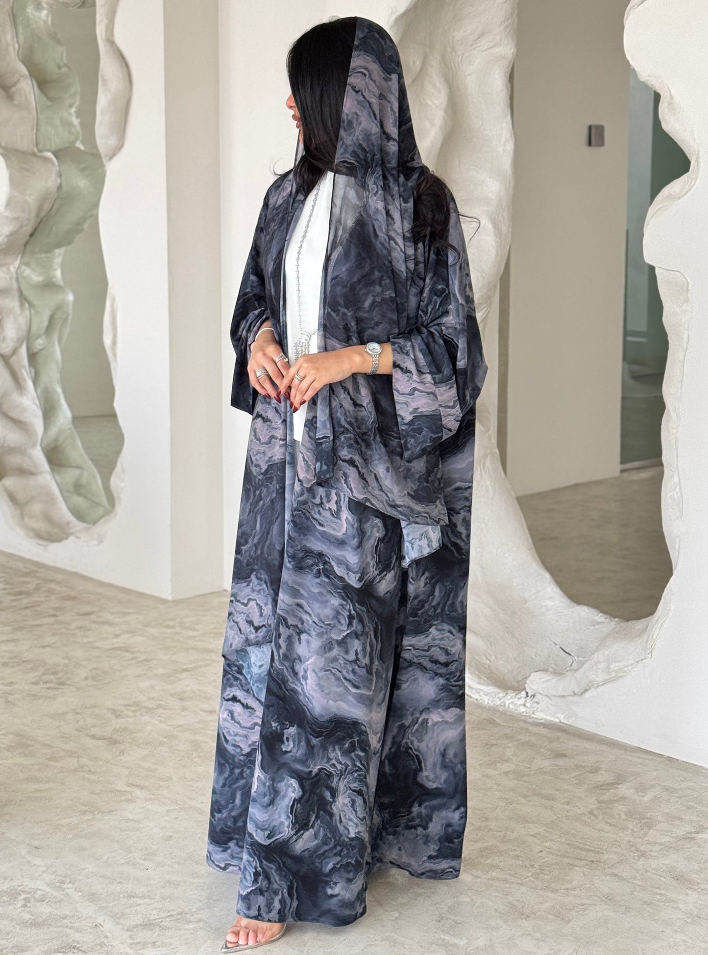 FAB159-Sky Blue tie-dye Abaya with matching headscarf set