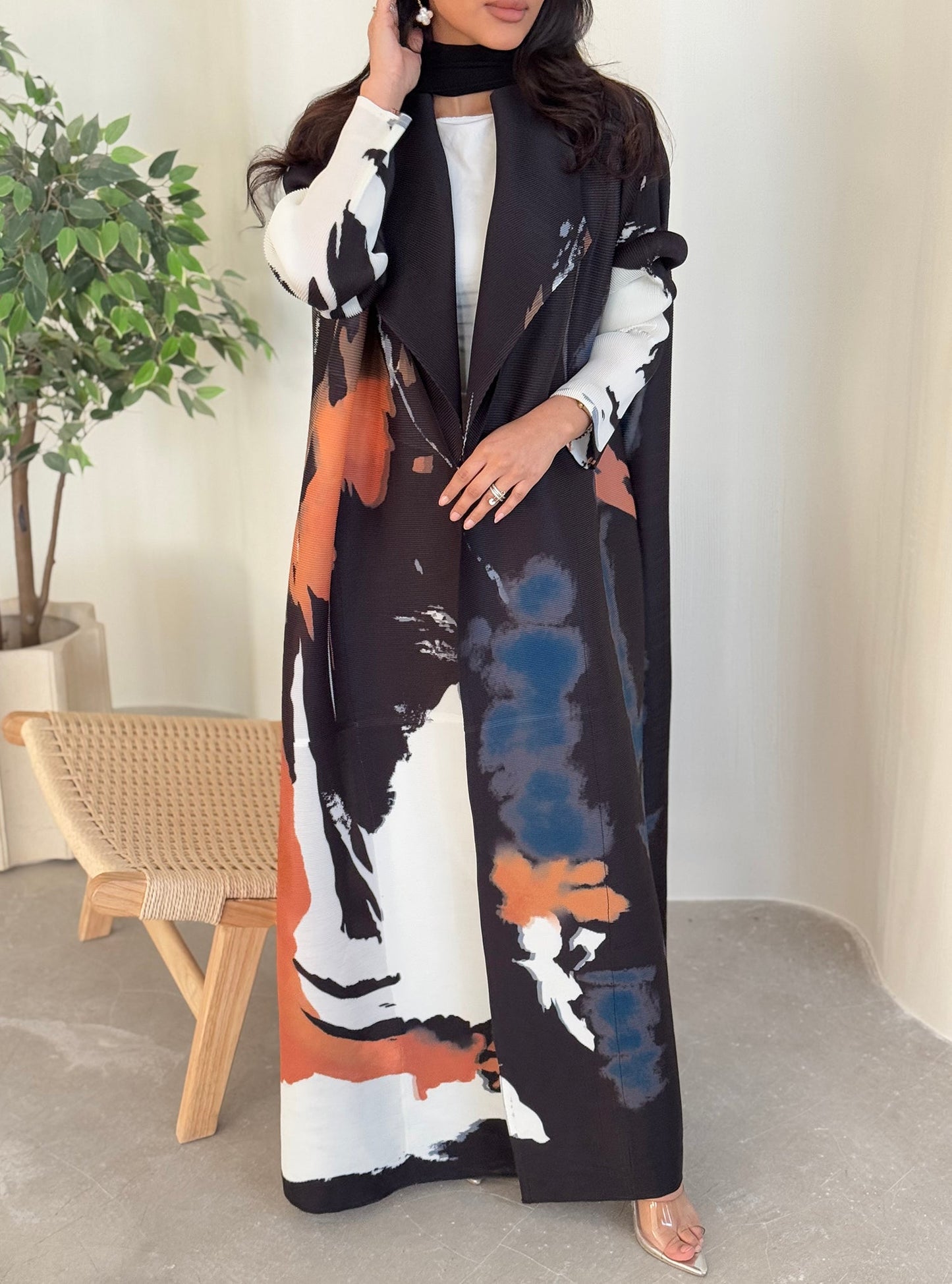 FAB130-Black Orange Pattern Pleats Abaya With Headscarf