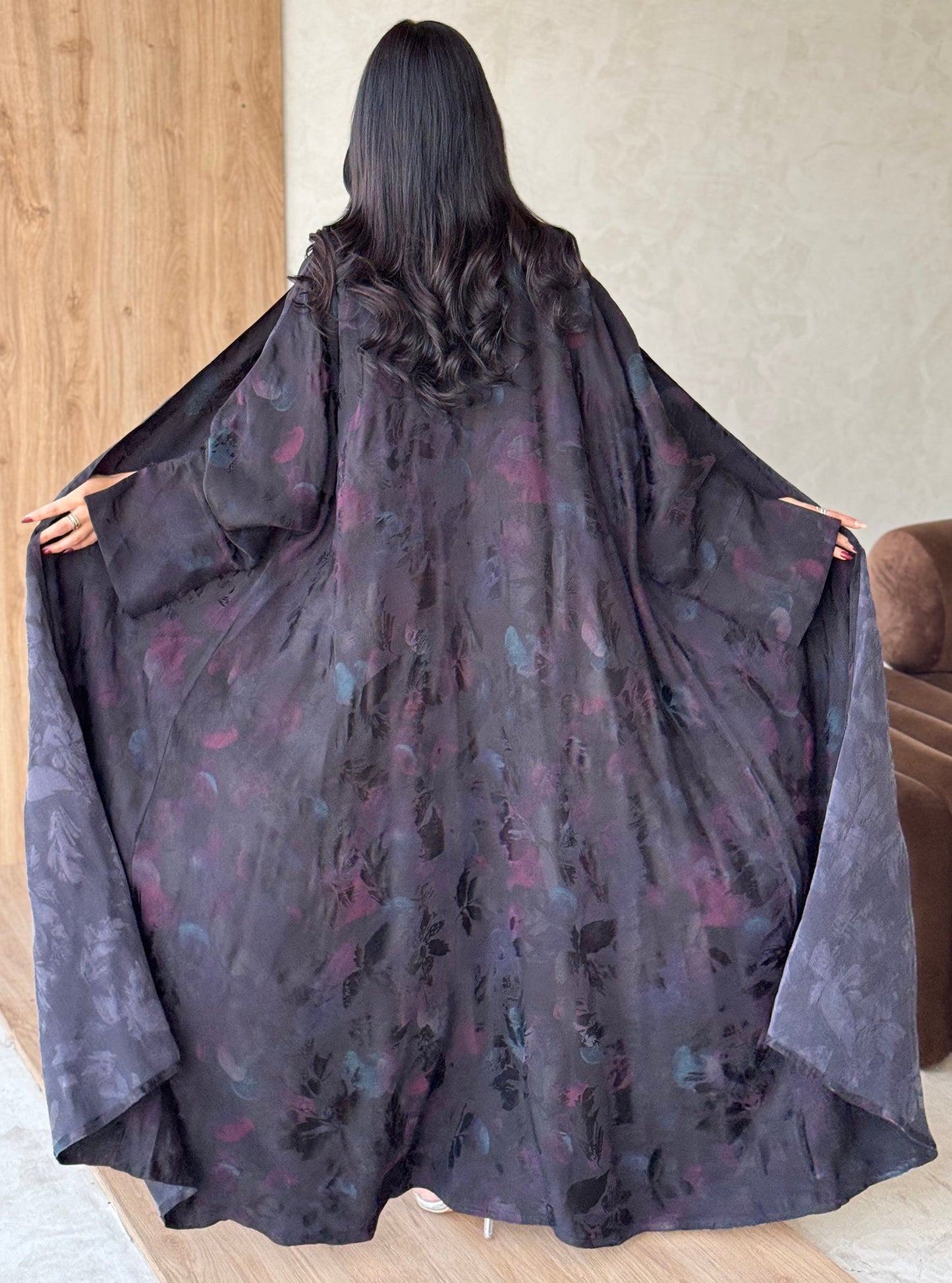 FAB158-Black Rose Jacquard A-Cut Abaya
