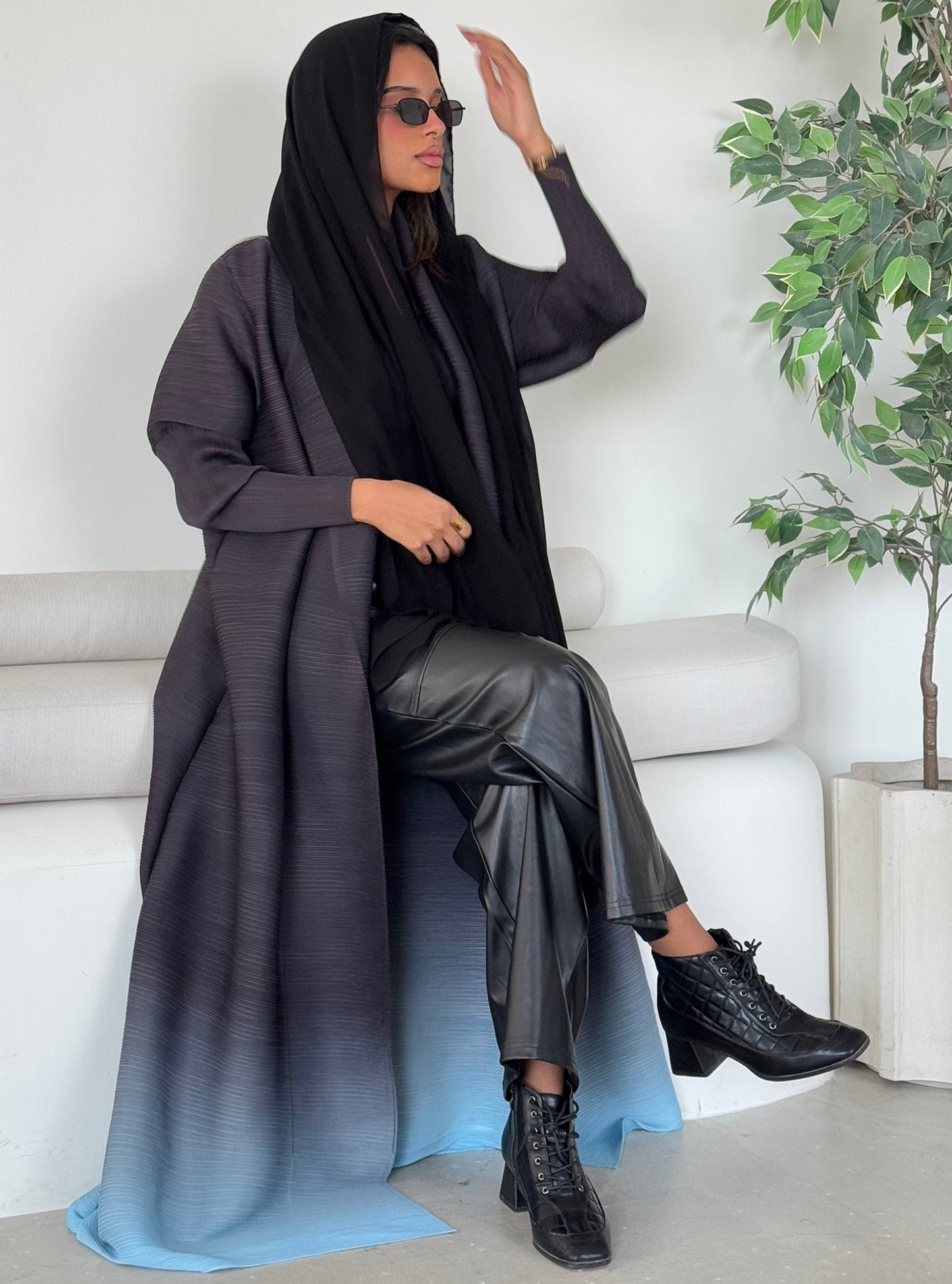 FAB124-Sky Ombre Pleats Abaya with Headscarf