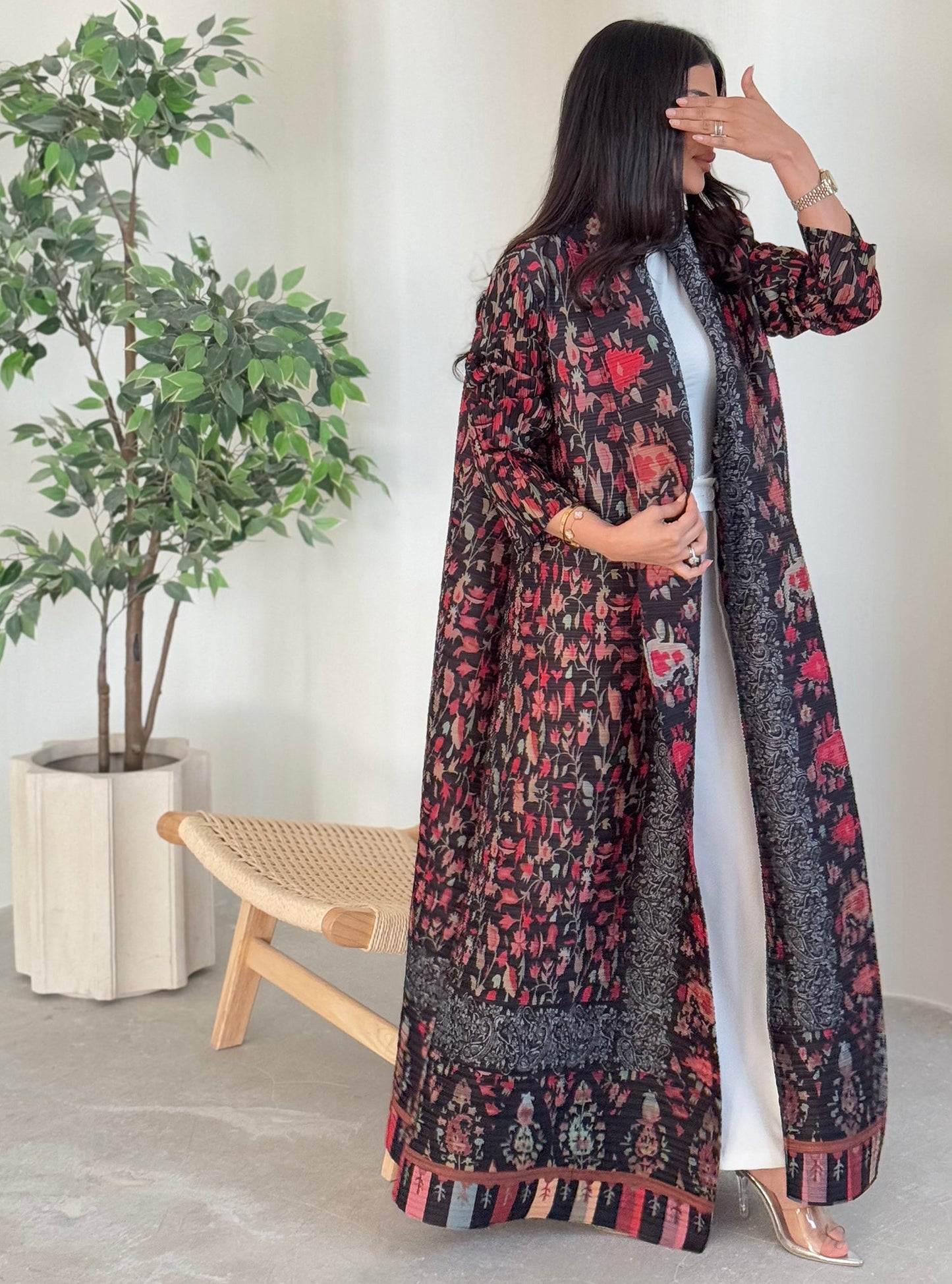 FAB131-Floral Red Pattern Pleats Abaya With Headscarf