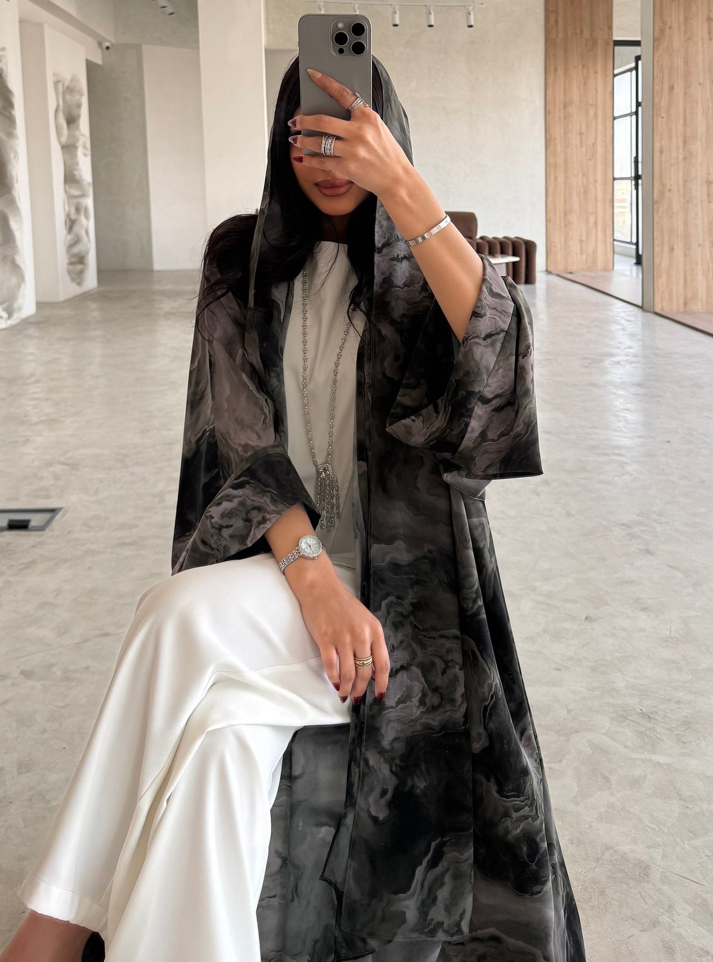 FAB160-Grey Black tie-dye Abaya with matching headscarf set
