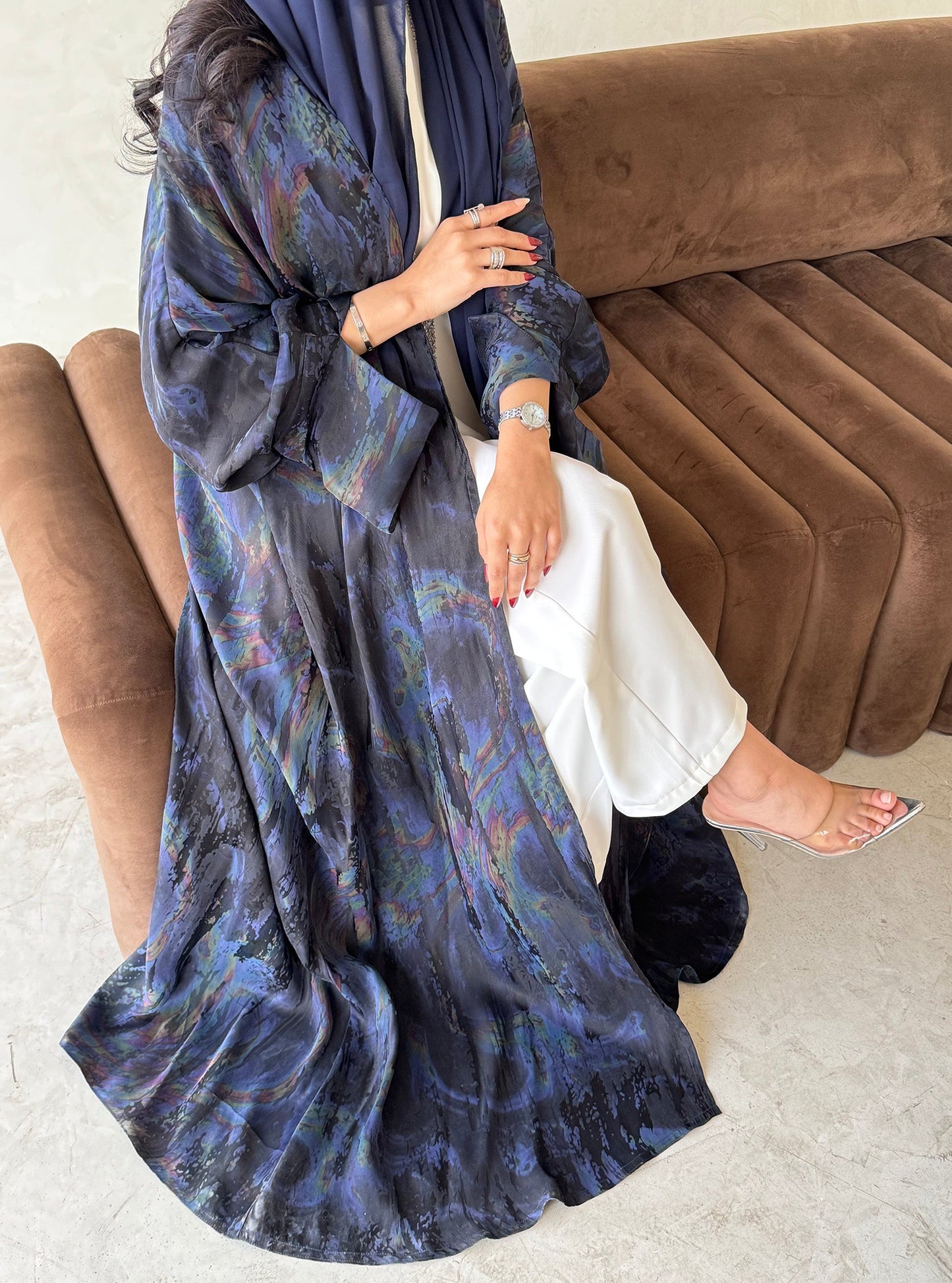 FAB156- Blue Swirl Marble Jacquard A-Cut Abaya