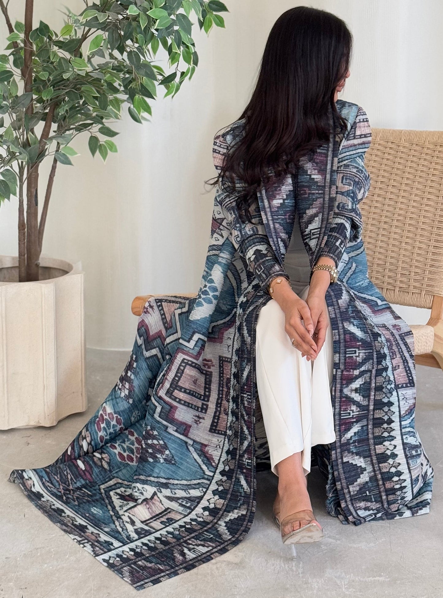 FAB132-Turquoise Pattern Pleats Abaya With Headscarf