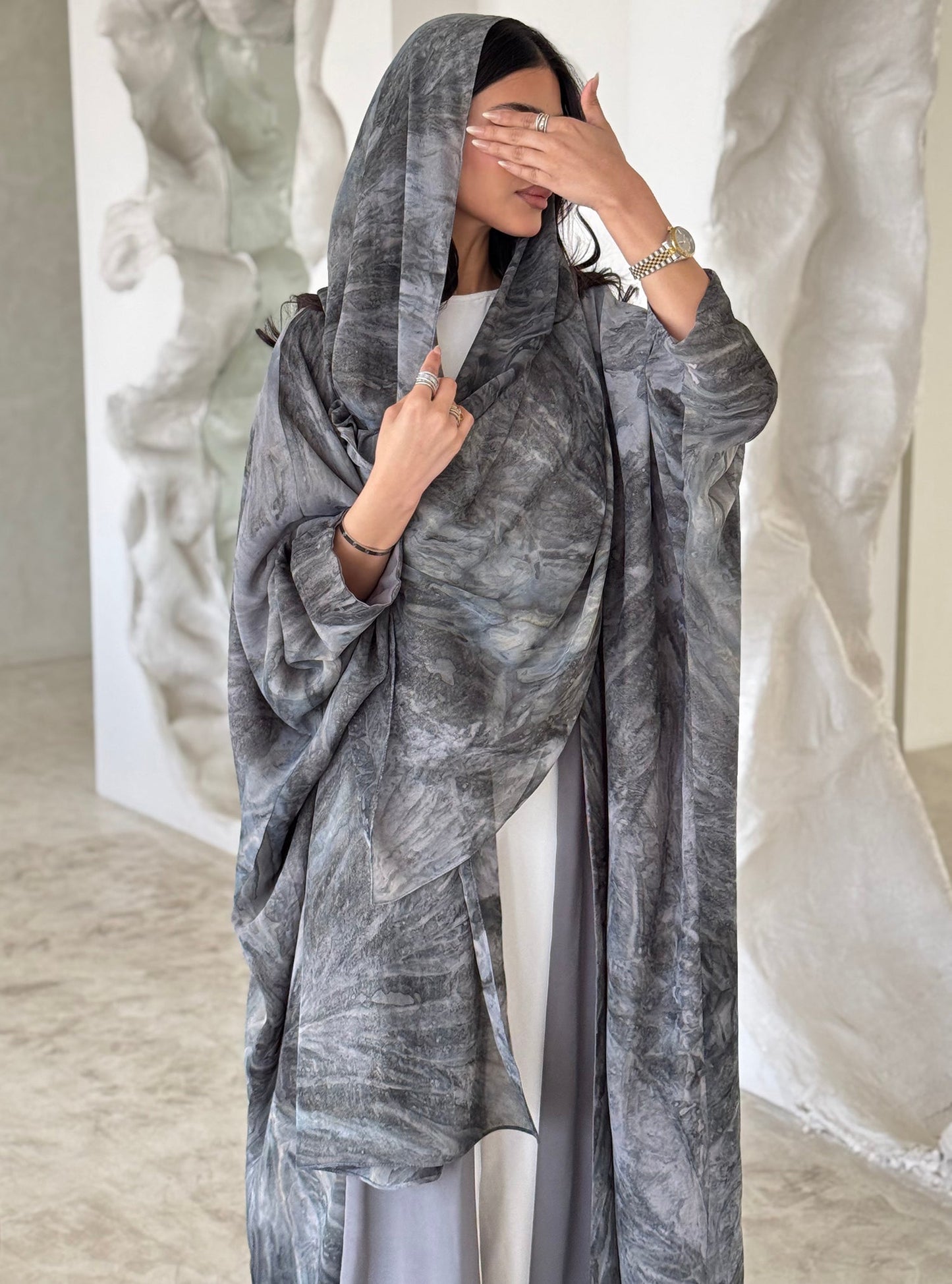 FAB175-Grey Shimmer Chiffon Bisht- Cut Summer Abaya with matching headscarf