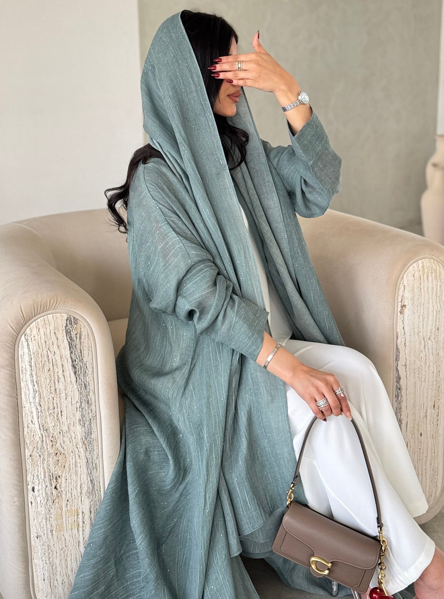 FAB166-Turqoise Glitter Linen A-Cut Abaya Set